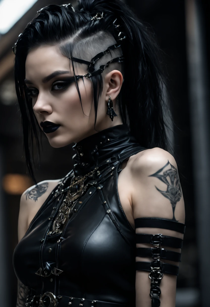 close-up photo of a woman in black open femdom clothes, edgy and bold hairstyle, crop top, panties, Metal jewelry, Dynamic posture, handsome body, slim figure, small breasts, seductive cyberpunk dark fantasy, Sensual, Gloomy style, dark fantasy mixed with realism, goth girl, dominatrix in play, femdom in play, mistress, seductive, very beautiful goth top model, gothic horror vibes, The Queen of Dark Gothic, Gothic atmosphere, goth woman, Awesome and gloomy, ornamental gothic - cyberpunk, Gothic - Cyberpunk,