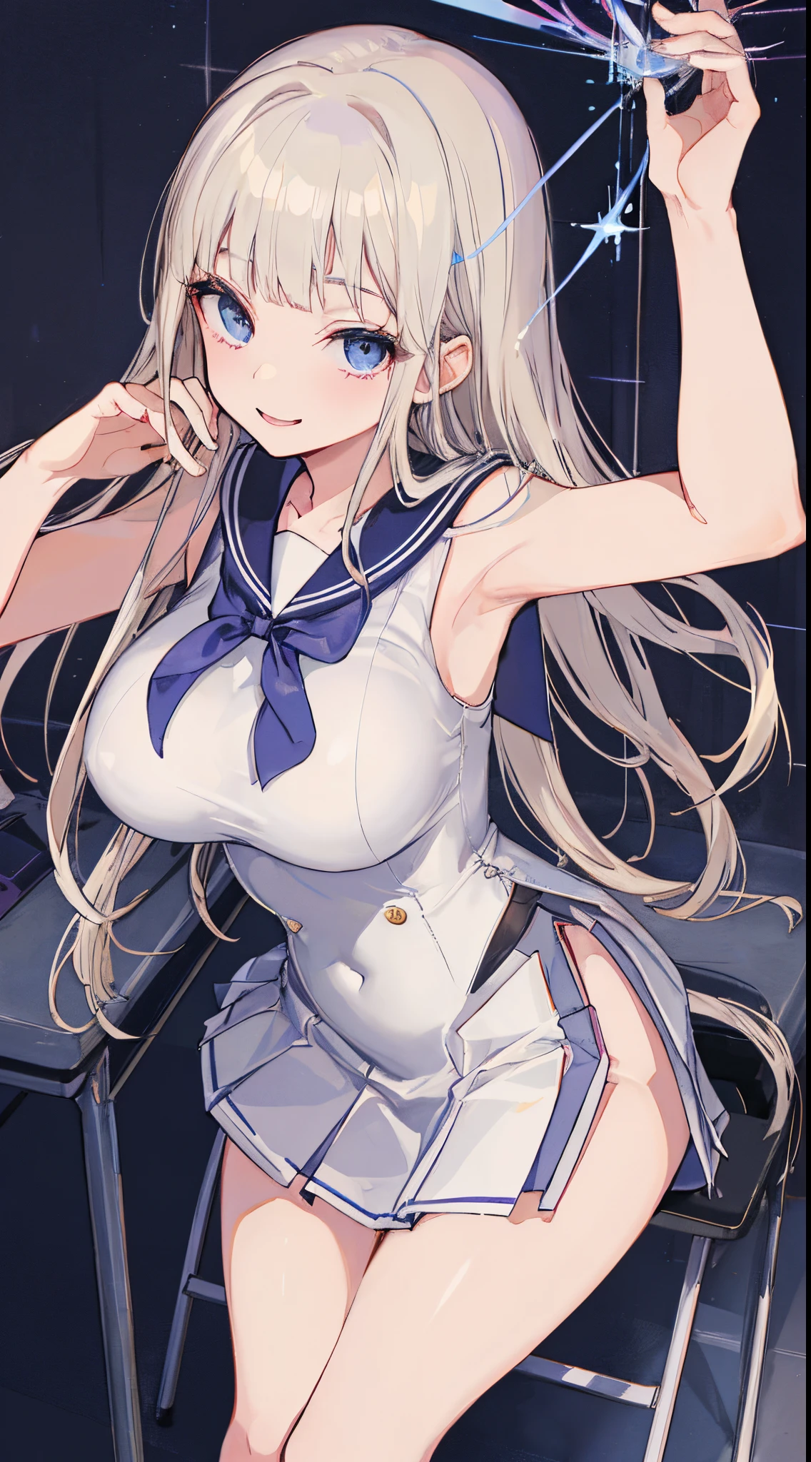 top-quality、realistic touch,high-detail、photoRealstic、Long body、captive beauty、big eye、Colossal tits、Strong platinum blonde eyelashes、platinum-blond、full body Esbian、Sparkling eyes、Submissive smile、Flushed cheeks、Kamimei、thin-waist、Voluptuous thighs、Enraptured look、Raked bangs、The forehead is protruding、Tight sailor uniform、sleeveless、Tight and short skirt with a large slit、Inside a school classroom、She isn't not wearing panties、High-waisted skirt