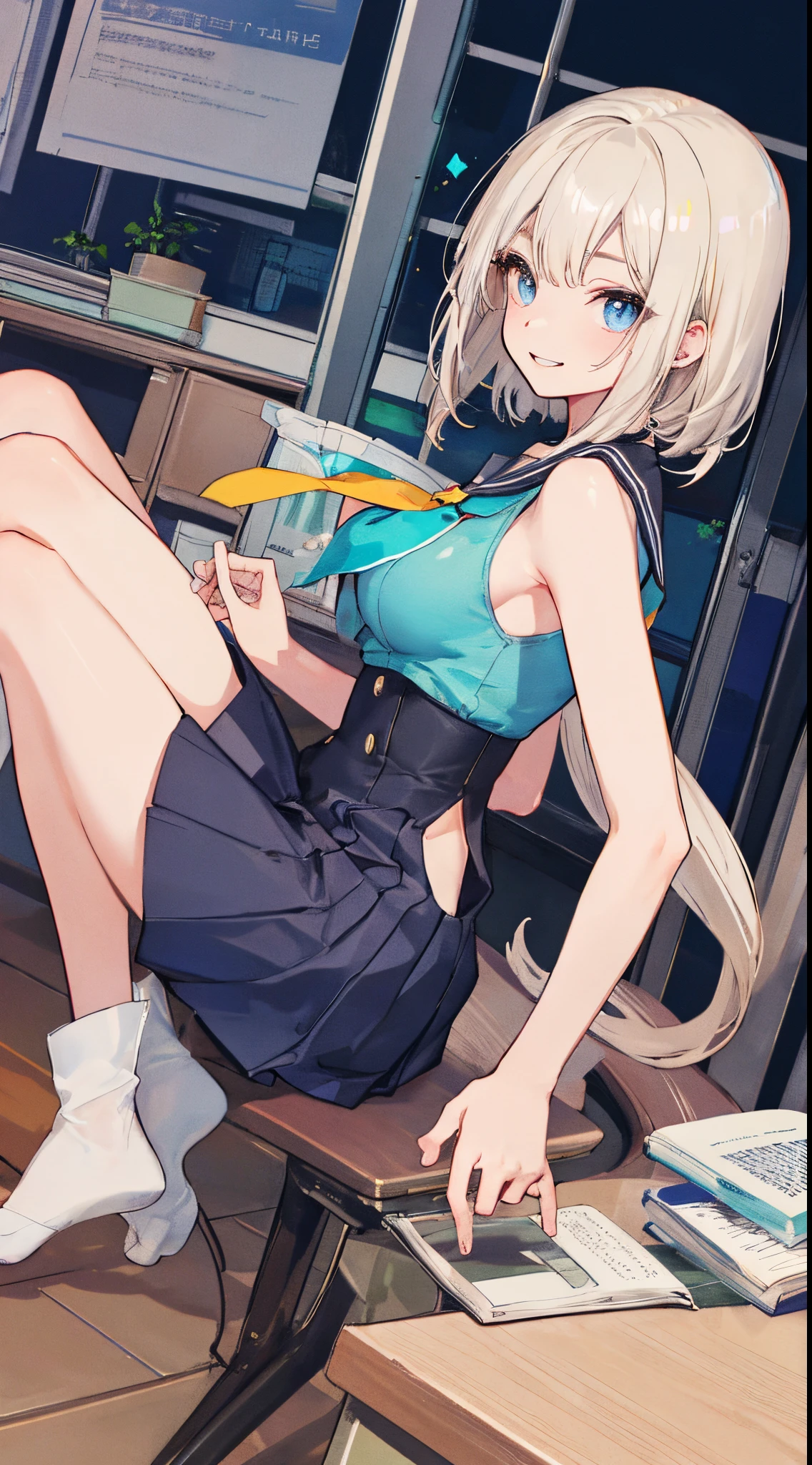 top-quality、realistic touch,high-detail、photoRealstic、Long body、captive beauty、big eye、Colossal tits、Strong platinum blonde eyelashes、platinum-blond、full body Esbian、Sparkling eyes、Submissive smile、Flushed cheeks、Kamimei、thin-waist、Voluptuous thighs、Enraptured look、Raked bangs、The forehead is protruding、Tight sailor uniform、sleeveless、Tight and short skirt with a large slit、Inside a school classroom、She isn't not wearing panties、High-waisted skirt