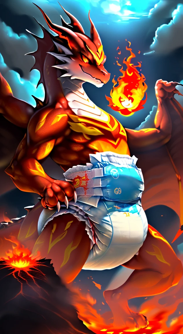 ((drawn by wadorigi on Twitter)(realistic dragon with wings and hornipedal, male proportions, big, muscled, wearing pampers disposable soggy diaper with red flame shaped symbol, throwing fire from claws, Kung fu pose, surrounded by flames, surrounded by cinders, volcano eruption, in cruise, ocean