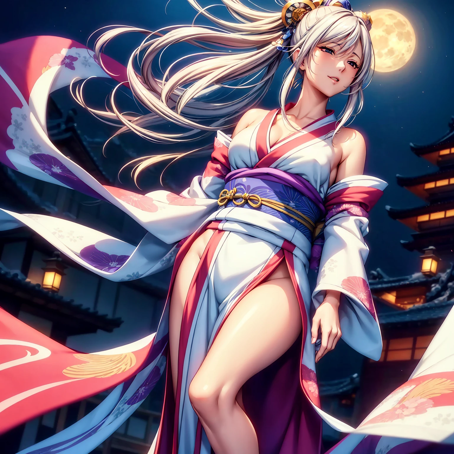 (top-quality、masterpiece、very high res、超A high resolution,High resolution details 1.5)、A woman of perfect and ultimate beauty(24 years old 1.5)、(Beautiful breasts and body shape 1.5)、Beautiful body、美丽的面容、large pink,Long hair,colorful and beautiful hair、Japan hair ornament,realistic textured skin,Wearing a beautiful Japanese long kimono,Kimono has colors and patterns.,Kimono sleeves and obi are long,Arms outstretched,Exposed shoulders from kimono,I can see the cleavage,Bright smile,Mouth opens,Hair flutters under the influence of the wind,The sleeves and obi of a kimono flap due to the wind.,that is a mysterious place,Fantastic night sky and beautiful full moon,Lantern light,Beautiful Landscapes、(The whole body,thigh visible,accurate anatomy、extremely detailed picture、Accurate images、Perfect Image 1.5)、、beautiful anime woman, Beautiful Art Style, an animated character、The whole picture、Detailed picture、Defect-free images、natural soft light、beautiful image、、(Best Shot 1.2)
