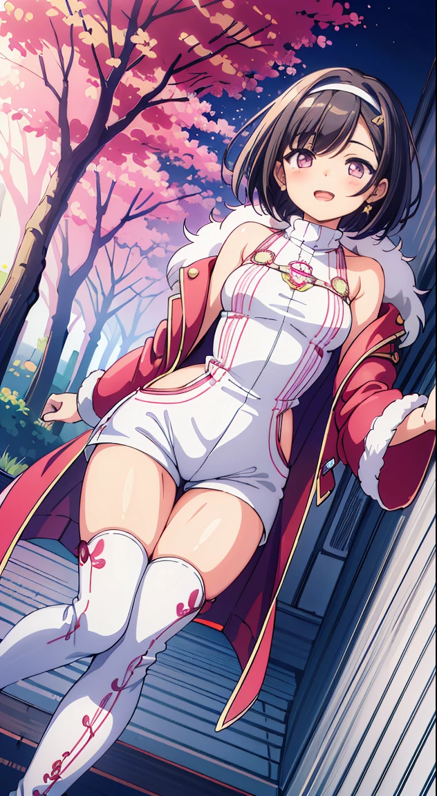 masutepiece,Best Quality,(Cute illustration:1,2),(Absurd realistic structure details),(High resolution complex and detailed text quality),(High-resolution microstructure,High poly 3 boobs D rendering correction),Methods of geometry,Careful explanatory anatomy,
Beautiful Girl, (17 years old girl), Very detailed, colourfull, highest details, 1 beautiful girl, Solo,(Cute:1.5),(Chibi:0.8), (kawaii:1.5),(Lori:0.5),(girl, Cute, Cheerful, Loli face, slightly bulging chest),(A dark-haired,Disheveled short bob,tareme,Pink eyes:1.55),(sano,A smile,Bad face:1.2), (White rabbit ear headband:1.2),Shiny skin,Clear skin, Beautiful skin,(best quality face),(Top quality glowing eyes), (The best smile,Doya face:1.45), BREAK (Pink Theme:1.4), (Gold thread embroidery on hem:1.6) ((caregiver theme:1.4)), BREAK (Pink Theme:1.5), (Oversized pink down jacket with white fluffy fur:1.5), (pink down jacket pull:1.4), (off shoulders:1.4), (pink nylon shine:1.3), BREAK (White theme:1.4), (baggy white thigh-high boots:1.5), (tight latex white shorts:1.3), BREAK (grey theme:1.3), (Sleeveless Knit Gray Turtleneck Sweater:1.4), (no sleeves:1.3), (emphasized chest:1.2), (knit:1.2), (earrings:1.2),
(red capelet:1.3),
BREAK, 鎖骨,Hair intake, Hand up, Navel, Parted lips, Solo, Stomach,architecture, Blue sky, (autumn forest:1.2), wooden building, Kiyomizu-dera Temple, balconies, Blue sky, crystal clear skies, Blurry background, longshot, Standing, Sunset, Thighs Thighs Thighs\), Twilight,Happy,Laugh,blush,Opened mouth,Closed eyes,Beautiful sunset,Twilight,Backlighting,Waterfall,depth of fields,
BREAK,wakame,wakame,wakame,(Dynamic Angle:1.4),
BREAK,(Blurry background:1.3),(absurderes, hight resolution, Super Detail Art),cel shading,Clear Color, Lonely optical effect, Beautiful pictures, Bright glow, mystic atmosphere,(Close-up of girl:1.1), Mystical light particle effect,manga influence, clean line drawings,