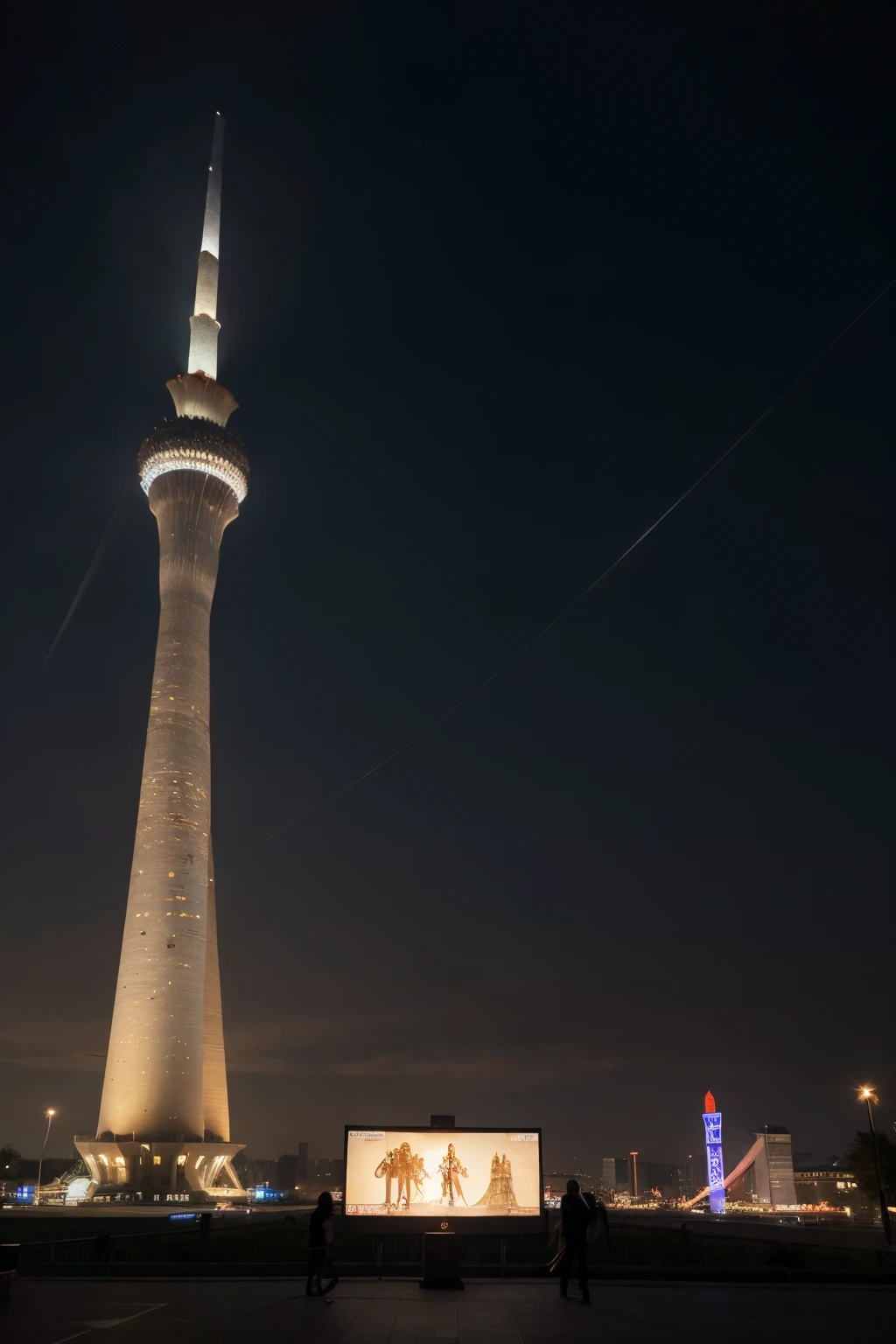 ((best quality)), ((masterpiece)), (detailed), detailed Realistic Photograph of a TV screen Billboard in front of Azadi Tower in 2100s future style, Golden Night Scene Photograph, Hero Style Angle