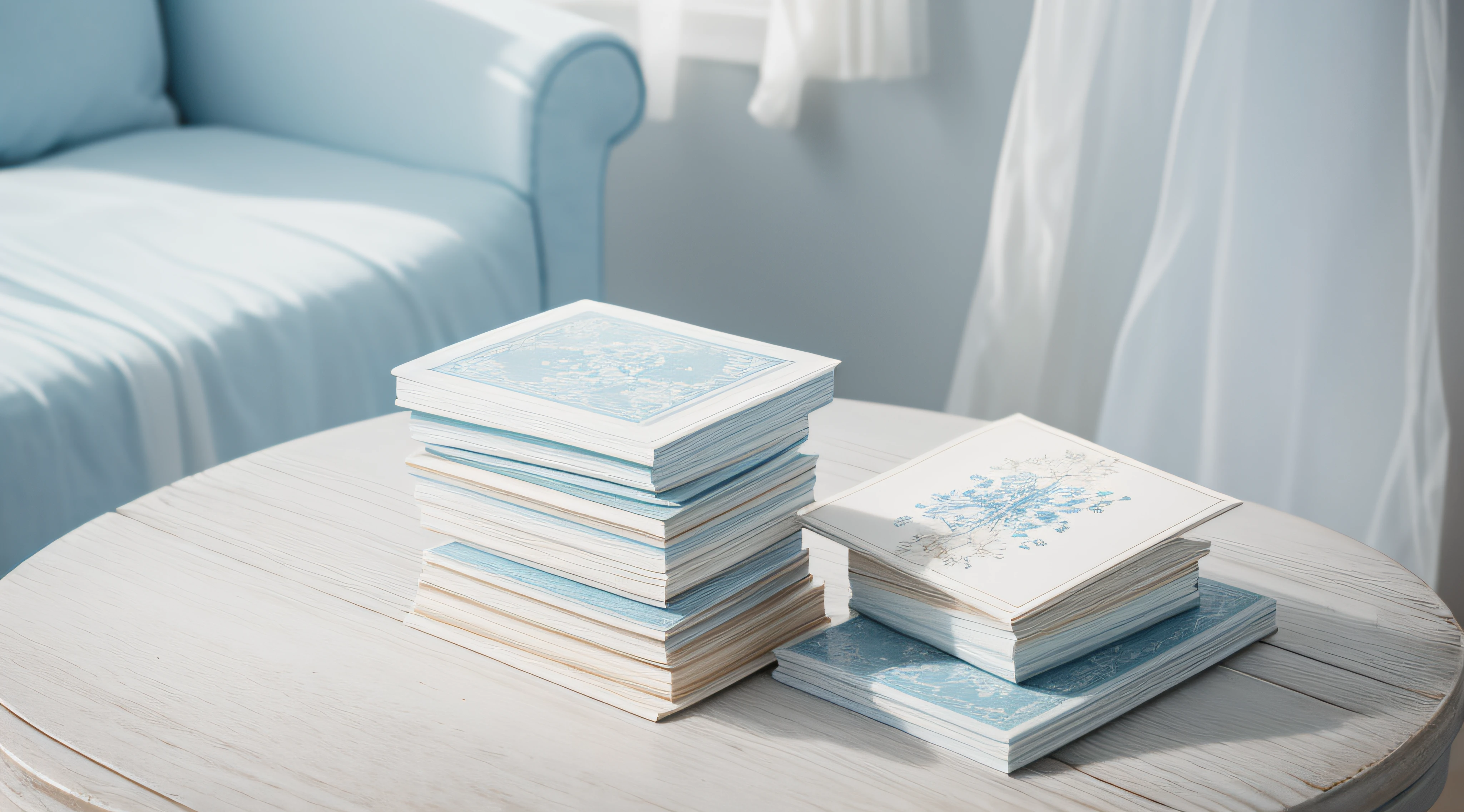 （（（Close-up of two postcards with white artistic borders，Stacked on a light blue mottled wooden table,4K,A high resolution，Extremely sophisticated and complex）））,Ethereal atmosphere,（（pure white palette））,Peaceful and quiet atmosphere