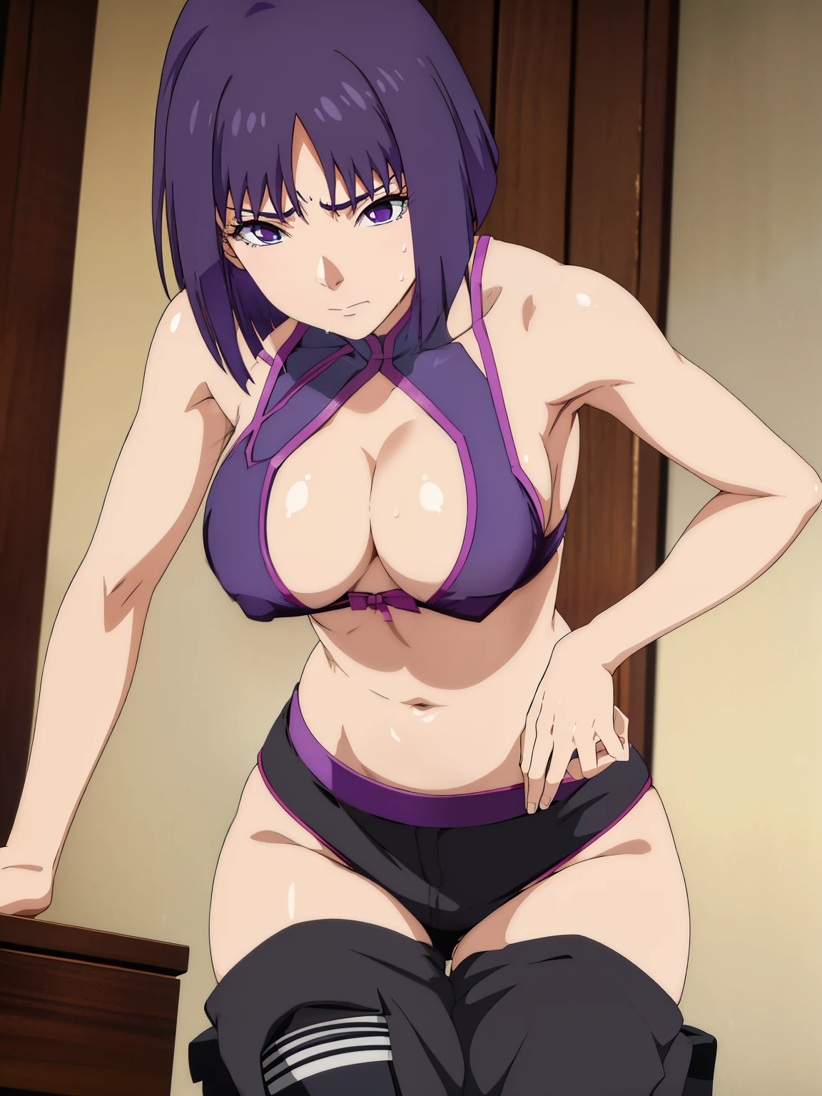 Anime style, Highres, Masterpiece, Best quality at best,Best Quality,hight quality, hight detailed, Sumire Kakei, 1girl, large breast, medium boobs, bra, full of sweat, (slim body), (short body), sexy pose