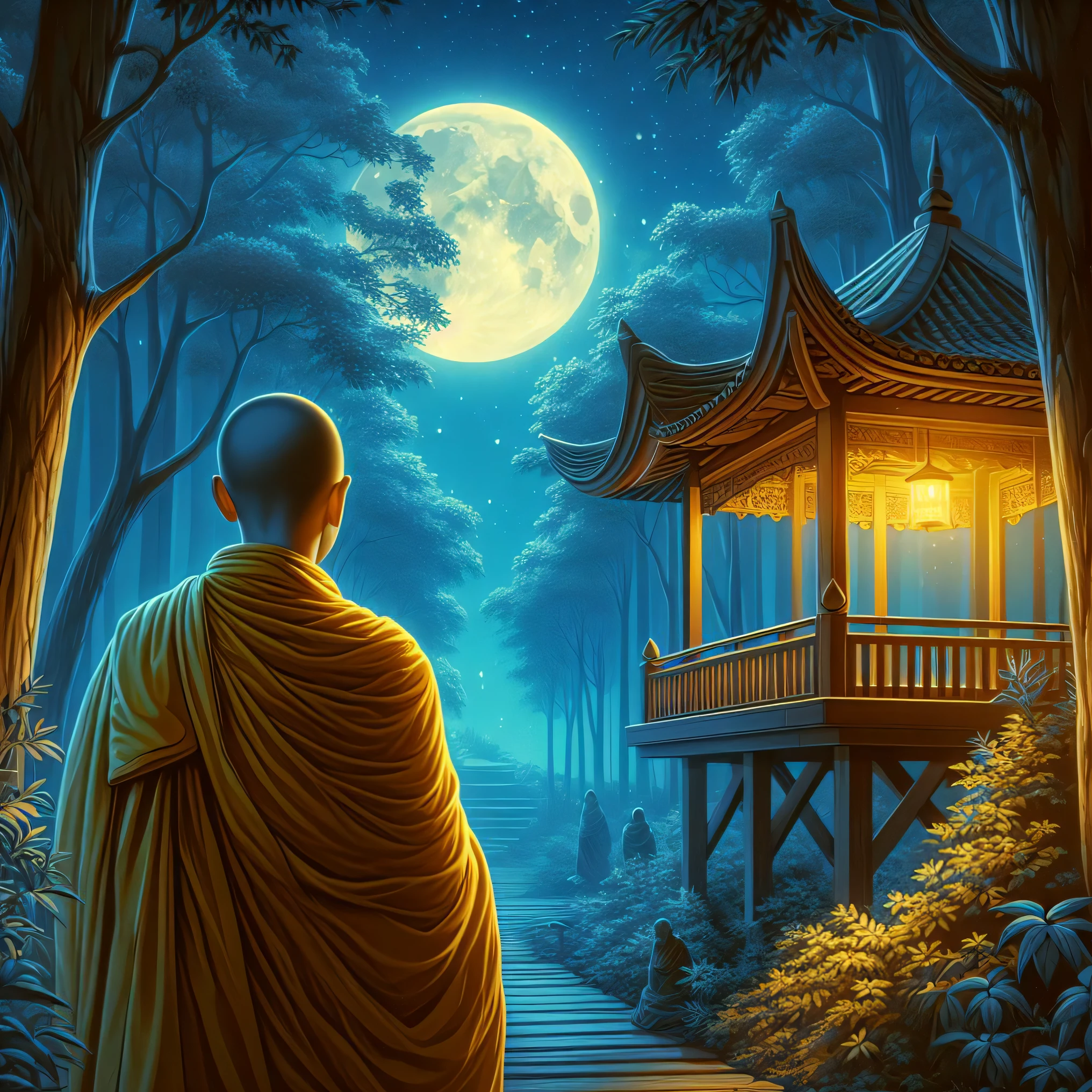 a man in a robe standing in front of a pagoda, monk meditate, on path to enlightenment, on the path to enlightenment, by Kerembeyit, monk, buddhism, buddhist monk, buddhist monk meditating, inspired by Kerembeyit, digital painting of a pagoda, kerem beyit, buddhist, zen temple background, ancient japanese monk