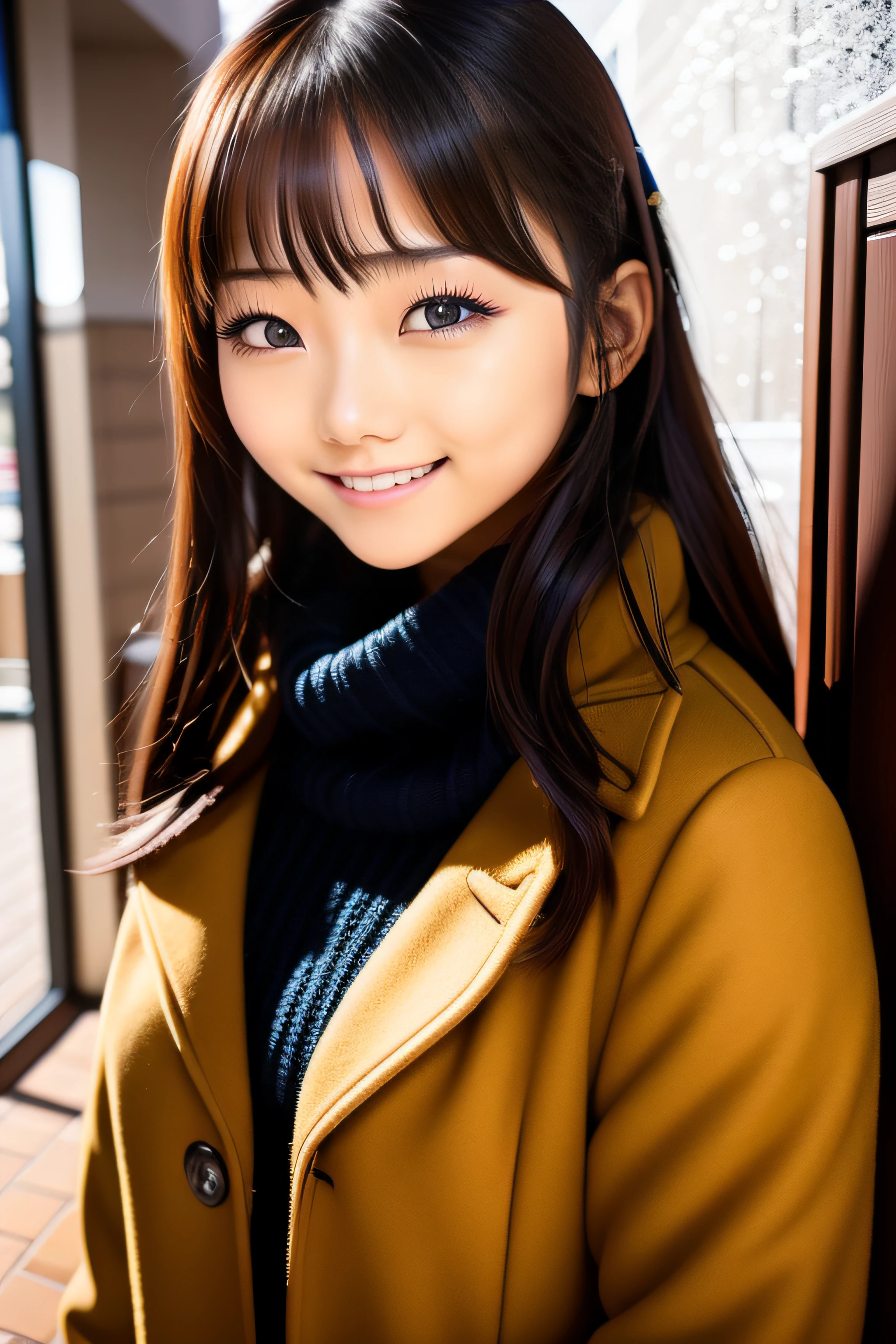 High school girl wearing winter clothes、school hallway、bangss、s lips、watching at viewers、A smile、Photorealsitic、high-level image quality、masutepiece, Best Quality, 8K, Beautie、Fine details
