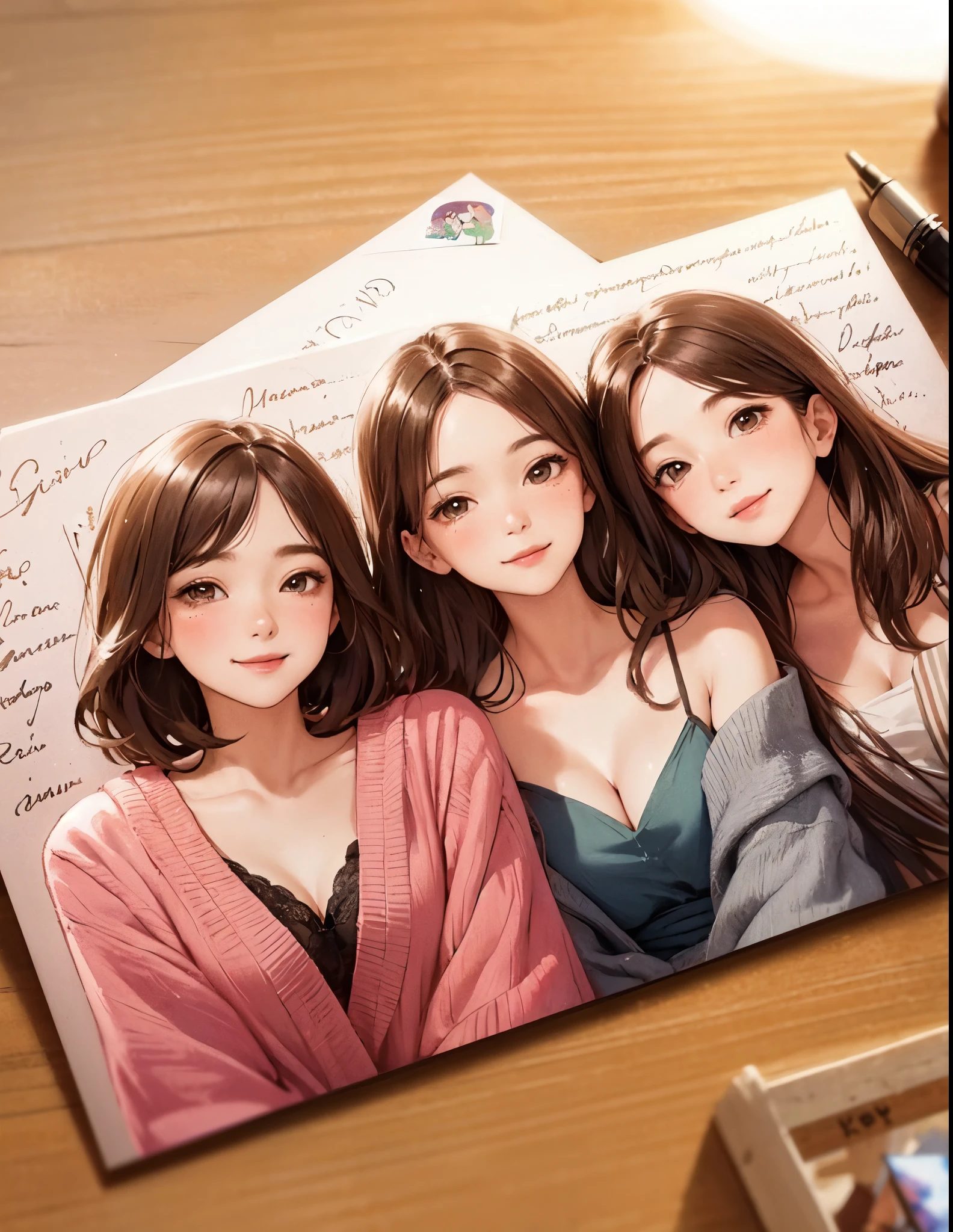 3 ladies on a postcard, mature female, /(brown hair/) bangs, blush kind smile, (masterpiece best quality:1.2) delicate illustration ultra-detailed, large breasts BREAK (a table with a postcard placed on it:1.2 ) close-up, pen BREAK handwritten message adorn the edge of the postcard