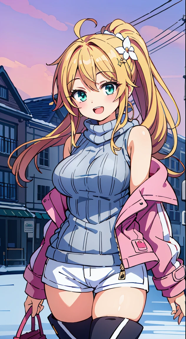 (Cute illustration:1,2),(Absurd realistic structure details),(High resolution complex and detailed text quality),(High-resolution microstructure、High poly 3 boobs boobs D rendering correction),Methods of geometry,Careful explanatory anatomy,
BREAK,
1 beautiful girl, girl with, (Cute:1.5),(Chibi:0.5),(kawaii:2.0),(Lori:2.0),(12 year old girl),(large full breasts:1.65),(Ahoge,High Ponytail,Blonde hair, blue bow, Green eyes,eyebrows visible through hair,side locks,Parted bangs,Long hair, Hair Flower, Hair Ornament, Big ribbon in the hair, Curly hair,Bow:1.4),:el,White feathers, one white winged, Angel wings,Spread wings, Glowing wings),pitt \(??? Icarus\),gleaming skin, Clear skin, shining beautiful skin, Open mouth,Smile, Solo, tusk, Upper teeth,(long eyelashes, Double eyelids:1.2),Solo,gleaming skin, Clear skin, Beautiful skin,(best quality face),(Top quality glowing eyes),(The best smile,Doya face:1.45),BREAK, (Pink Theme:1.5), (Oversized pink down jacket with white fluffy fur:1.5), (pink down jacket pull:1.4), (off shoulders:1.4), (pink nylon shine:1.3), BREAK (White theme:1.4), (baggy white thigh-high boots:1.5), (tight latex white shorts:1.3), BREAK (grey theme:1.3), (Sleeveless Knit Gray Turtleneck Sweater:1.4), (no sleeves:1.3), (Emphasized chest:1.2), (knit:1.2),
BREAK,(day), a closed mouth,(architecture, building, Choker, city, Cityscape, Outdoors, building, city,lamp post, Power lines, scarf, skyporn, Snow, Solo, utility pole, Winters:1.55), Waterfall,depth of fields,
BREAK,wakame,wakame,wakame,(Cowboy Shot:1.4),
BREAK,(Blurry background:1.3),(absurderes, hight resolution, Super Detail Art),cel shading,Clear Color, Lonely optical effect, Beautiful pictures, Bright glow, mystic atmosphere,(Close-up of girl:1.1), Mystical light particle effect,manga influence, clean line drawings,