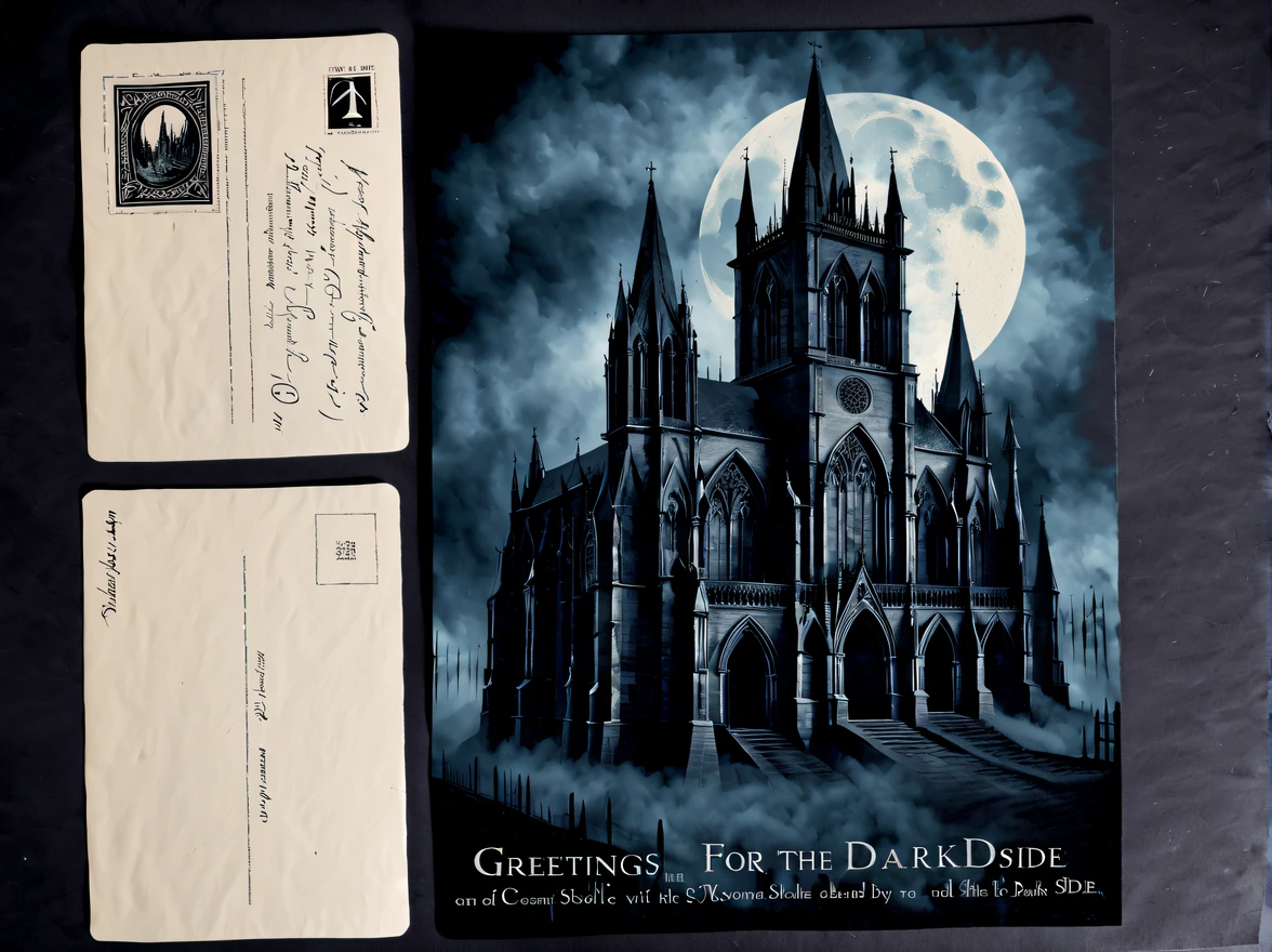 (vintage:1.3), (solo:1.3), design a standing (captivating gothic postcard) featuring an abandoned cathedral engulfed in darkness, the cathedral has a striking facade with intricate architecture, surrounded by a misty graveyard, the moon partially obscured by ominous clouds, casting an eerie glow over the scene, (the postcard has handwritten text that reads "Greetings from the Dark Side"), More Detail