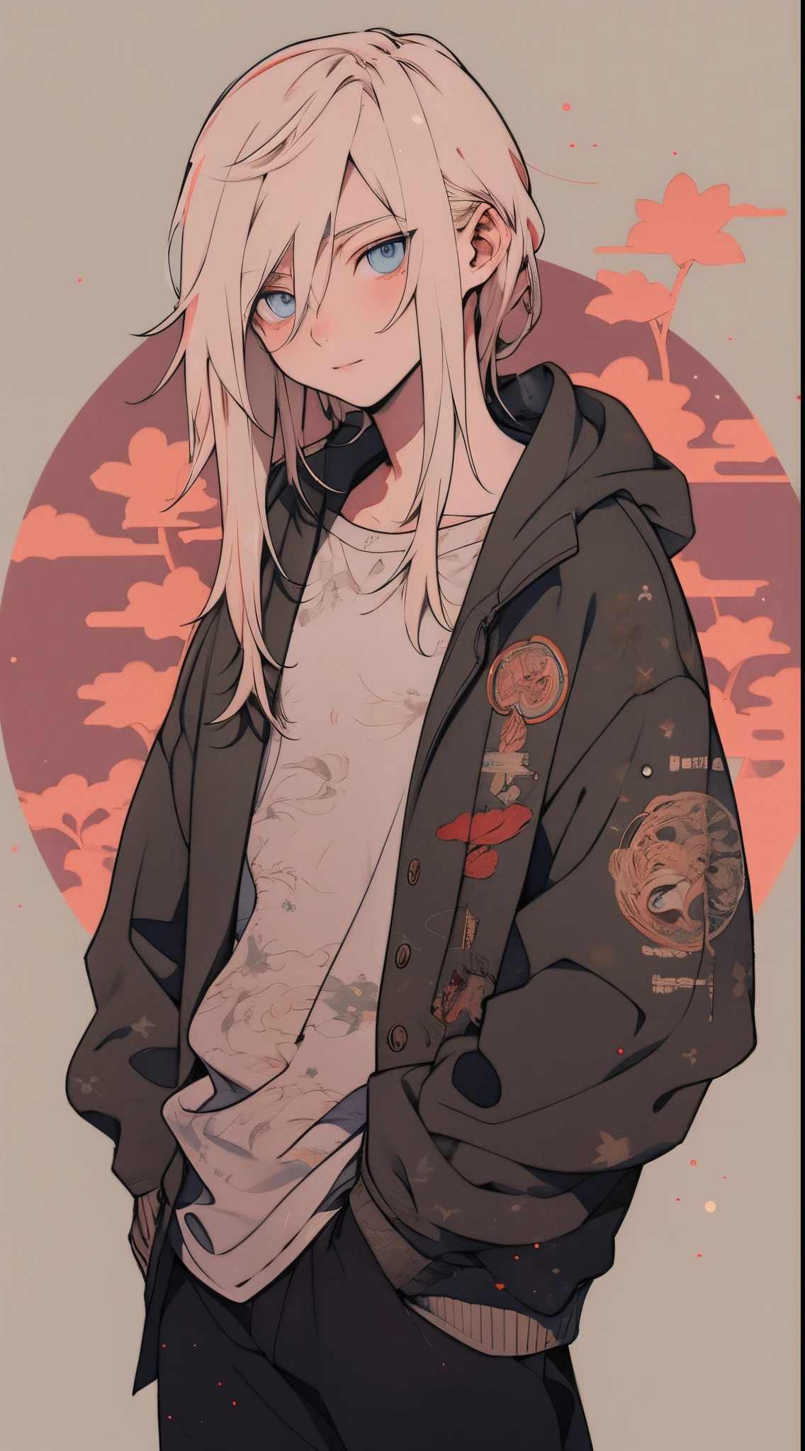 Japanese anime, Clear line drawing, transparent watercolor, clear shading, Beautiful young man, Silky platinum blonde hair, Clear and determined blue eyes, Casual yet stylish modern attire, Standing confidently, looking forward, A serene and self-assured smile, Surrounded by symbols of personal growth, Tranquil natural setting or a personal workspace, Thoughtful close-up, capturing introspection, Soft glows representing inner strength and self-love.high quality, amount of drawing, pixiv illustration