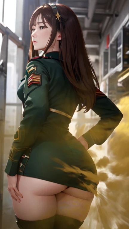 ((velocity)),Attacked by farts, (((Women farting))),(girl farting while stand)),bushing,velocity,(a female soldier), (wearing a military soldiers outfit and dress),(tighhighs),(stand facing the way),(her buttt facing the way) (long hair brown hair),(Asian woman),(military base),(masterpiece:1.2、top-quality)、(the Extremely Detailed CG Unity 8K Wallpapers、ultra-detailliert、Best Shadows),(The best lighting、extremely delicate and beautiful)、depth of fields、