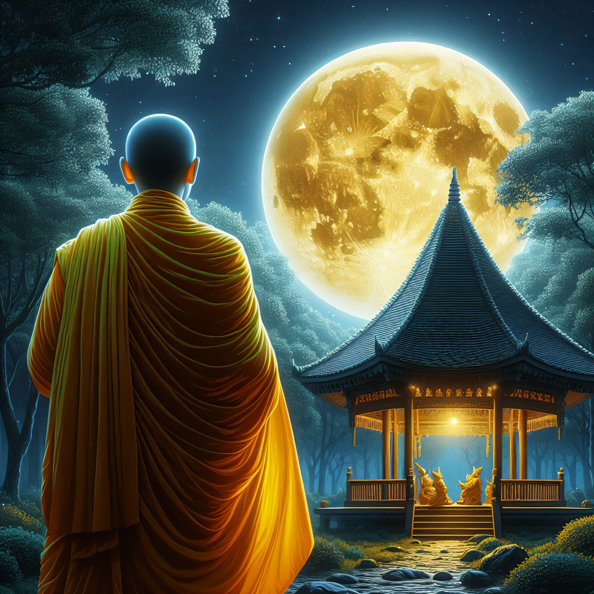 a close up of a person standing in front of a gazebo, monk meditate, buddhism, buddhist, monk, on path to enlightenment, buddhist monk, buddhist monk meditating, samsara, on the path to enlightenment, 2 1 st century monk, ancient japanese monk, taoist temples and monks, buddha, in front of a full moon, wearing flowing robes