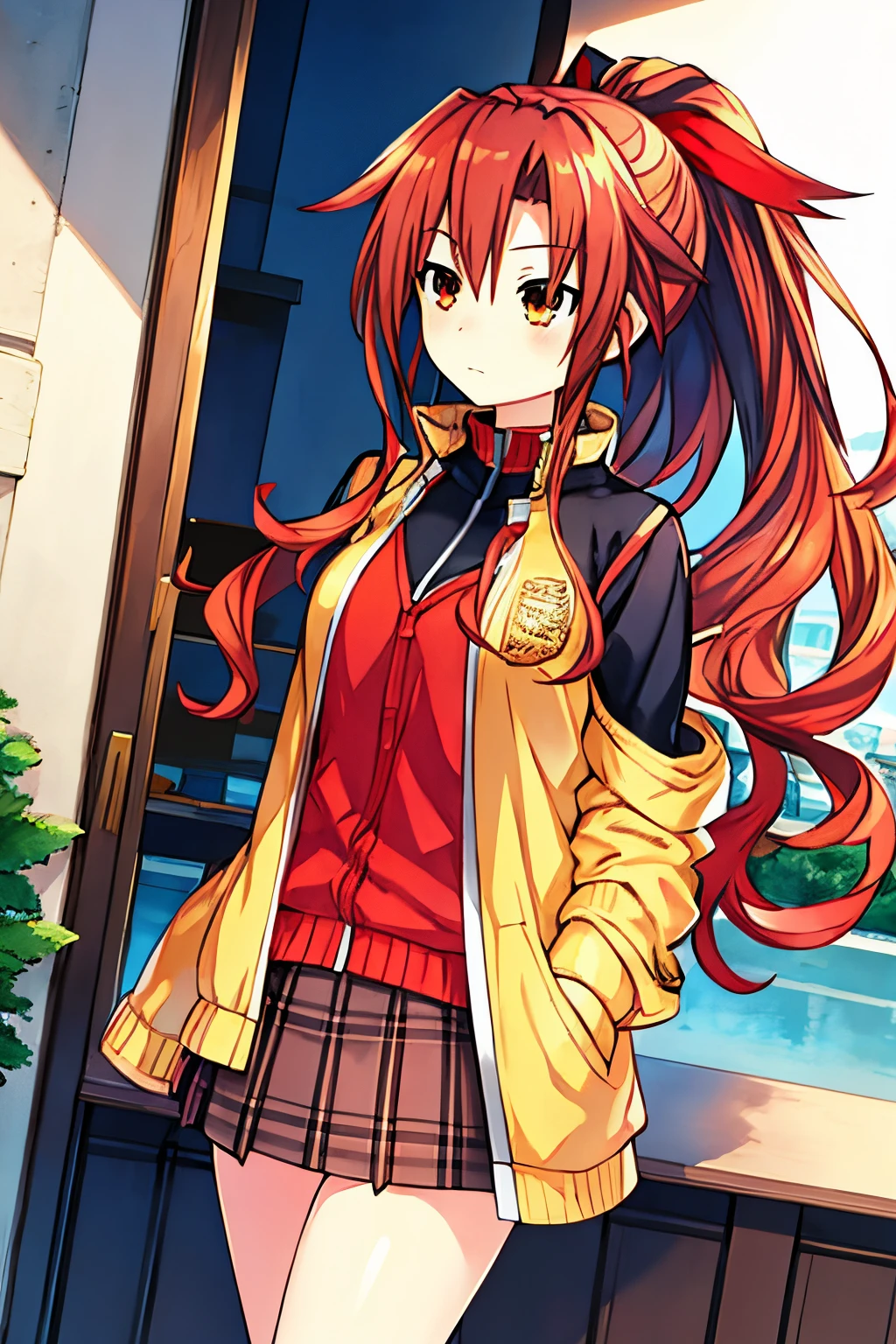 Masterpiece, best quality, 1girl, finely detailed, red hair, wavy hair with a ponytail, golden eyes, gentle expression, clothes: a jacket with skirt