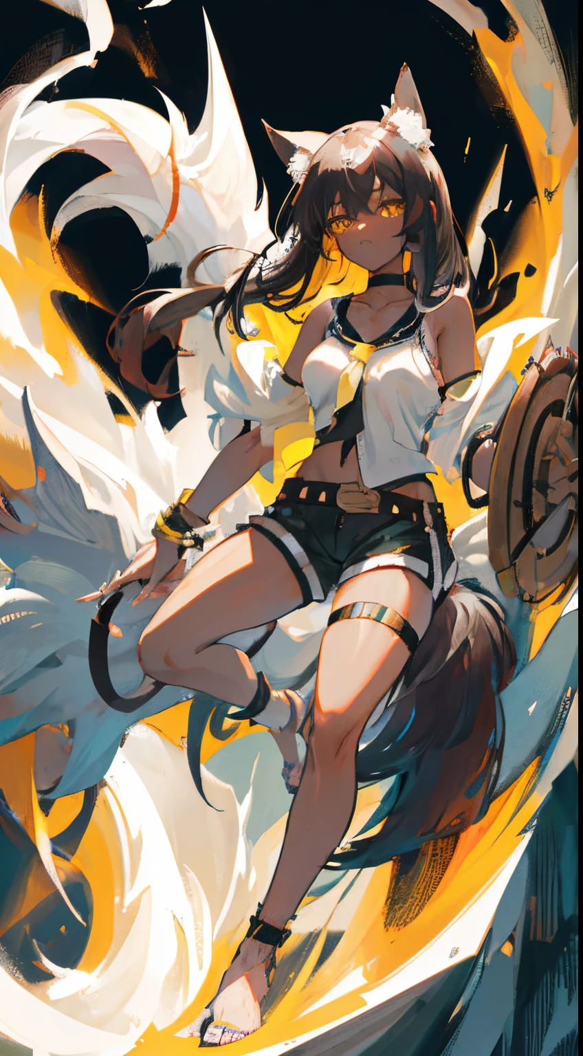 Beautiful girl, kemonomimi, wolf girl, long tail, muscular girl, black and white hair, long hair, long eyelashes, yellow eyes, dark skin, dark brown skin, big breasts, black tight clothing, choker, thicc bracelet, small shorts white shorts, barefoot, sharp nails, black nails,giant shield, thicc belt, sharp teeth dead woods background, grayish background, dark woods, pale lighting, pale light