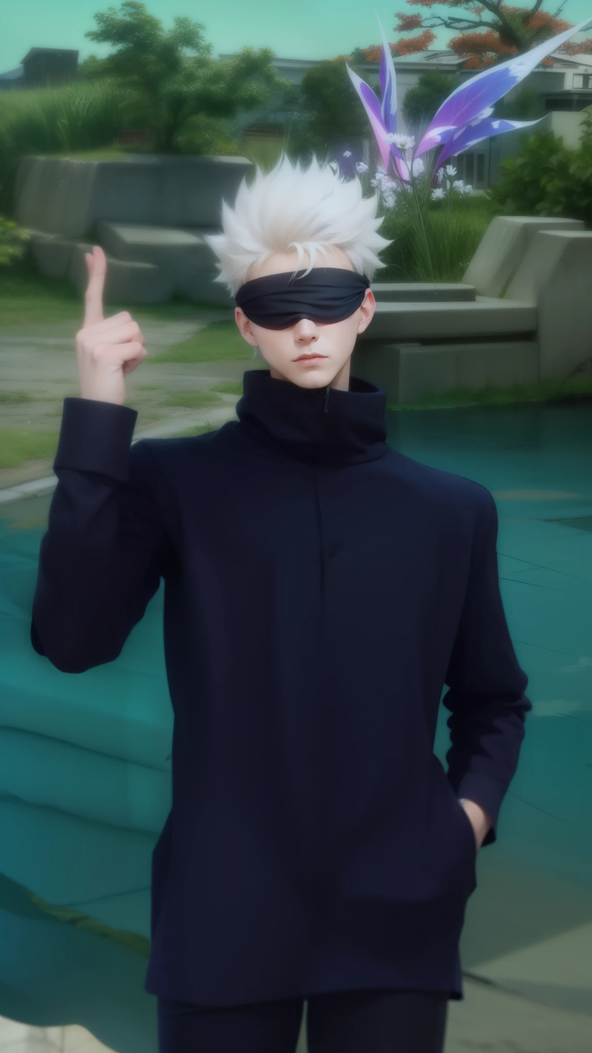 1male, goju Satoru, anime style, dark blue clothes, dark blue blindfold, white hairs, epic background, 8K resolution, extremely detailed, best quality, masterpiece collection, Japanese anime, Gege Akutami