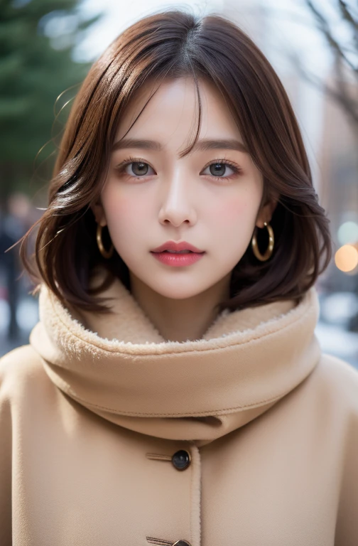 1 girl, bare_tree, brown_eyes, brown_hair, building, coat, cross_earrings, earrings, fur, fur trimmed_coat, fur_collar, fur_scarf, fur_trim, jewelry, lips, shorthair, looking_at_viewer, outdoors, snow, snow, solo, tree, upper_body, Winter, winter_clothes, detailed_eyes,Big breasts, arms close together, Chest facing camera, Big, Ears out, Golden ratio face, Golden ratio body, Best quality, Ultra high definition, Bangs