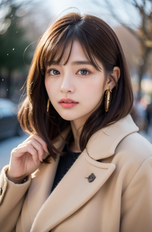1 girl, bare_tree, brown_eyes, brown_hair, building, coat, cross_earrings, earrings, fur, fur trimmed_coat, fur_collar, fur_scarf, fur_trim, jewelry, lips, shorthair, looking_at_viewer, outdoors, snow, snow, solo, tree, upper_body, Winter, winter_clothes, detailed_eyes,Big breasts, arms close together, Chest facing camera, Big, Ears out, Golden ratio face, Golden ratio body, Best quality, Ultra high definition, Bangs
