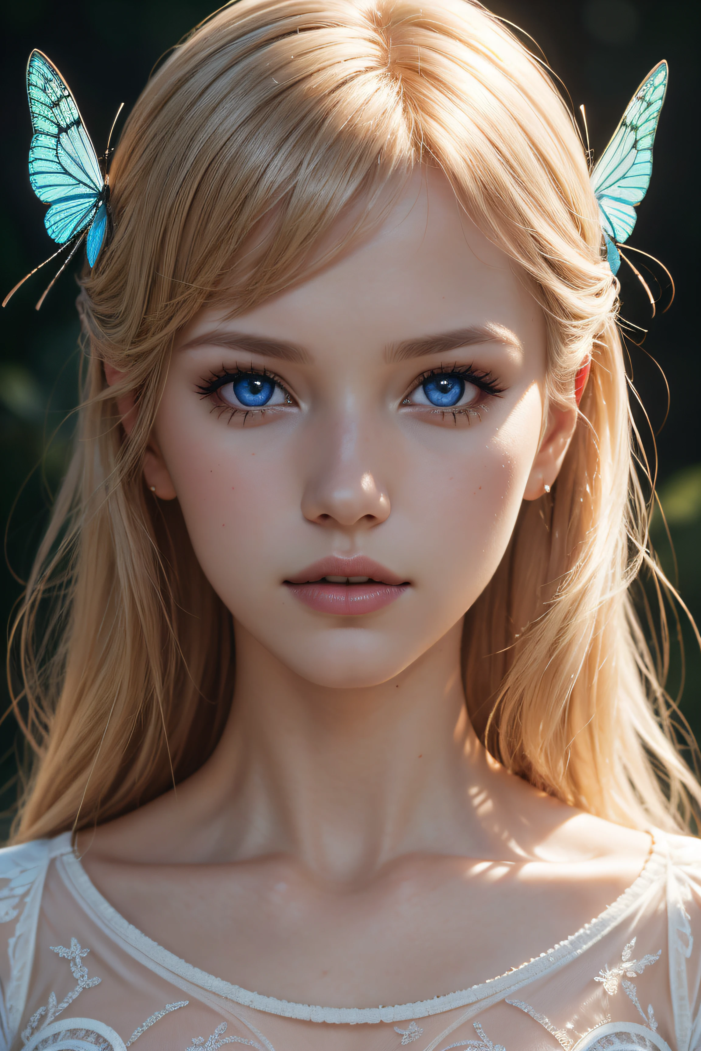 1CHILD GIRL, retrato , (BUTTERFLY ON HEAD IN BLONDE BRAIDS ), olhos vermelhos brilhantes.