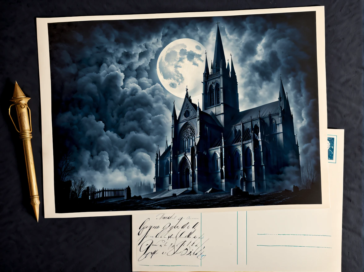 (vintage:1.3), (solo:1.3), design a standing (captivating gothic postcard) featuring an abandoned cathedral engulfed in darkness, the cathedral has a striking facade with intricate architecture, surrounded by a misty graveyard, the moon partially obscured by ominous clouds, casting an eerie glow over the scene, (the postcard has handwritten text that reads "Greetings from the Dark Side"), More Detail