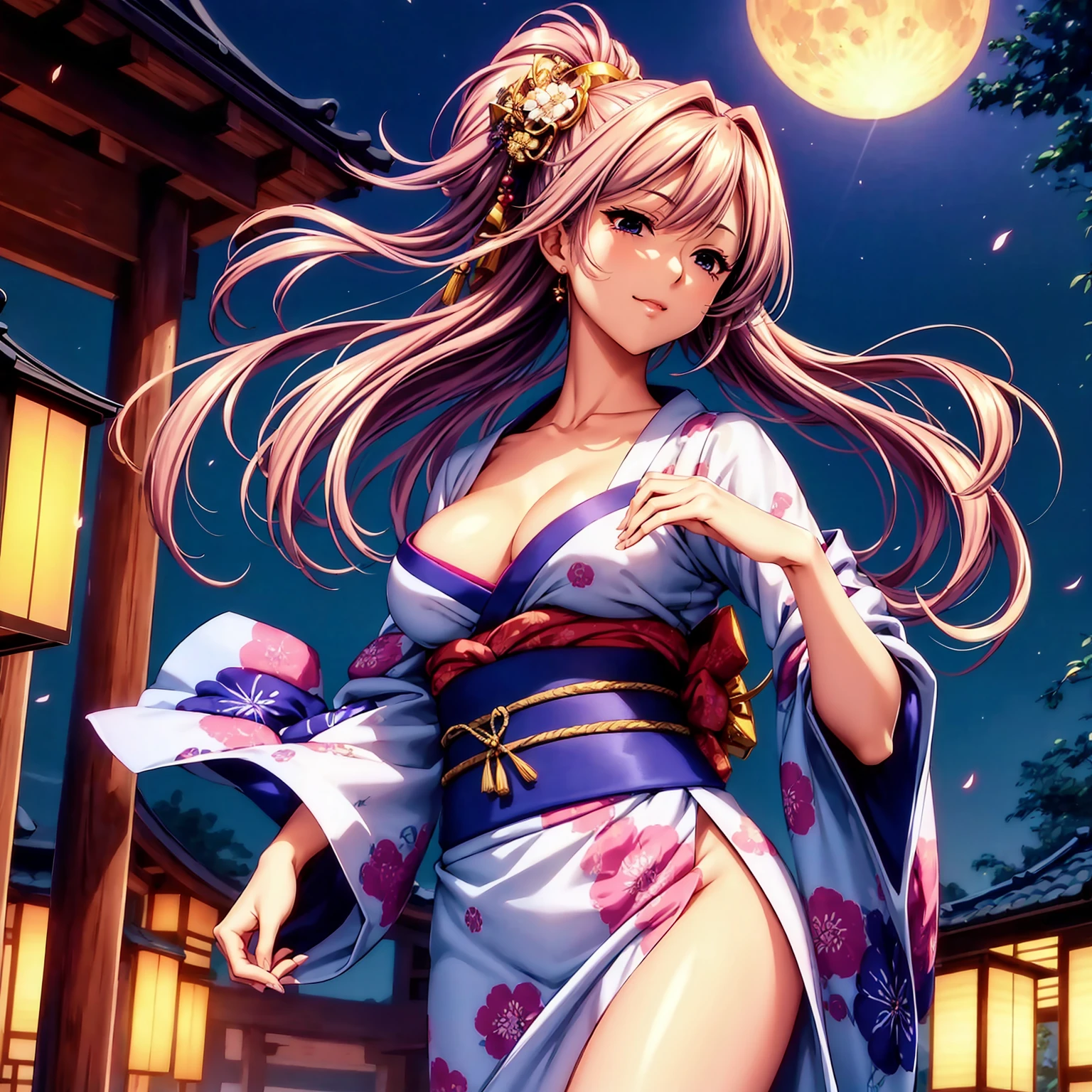 (top-quality、masterpiece、very high res、超A high resolution,High resolution details 1.5)、A woman of perfect and ultimate beauty(24 years old 1.5)、(Beautiful breasts and body shape 1.5)、Beautiful body、美丽的面容、large pink,Long hair,colorful and beautiful hair、Japan hair ornament,realistic textured skin,Wearing a beautiful Japanese long kimono,Kimono has colors and patterns.,Kimono sleeves and obi are long,Arms outstretched,Exposed shoulders from kimono,I can see the cleavage,Bright smile,Mouth opens,Hair flutters under the influence of the wind,The sleeves and obi of a kimono flap due to the wind.,that is a mysterious place,Fantastic night sky and beautiful full moon,Lantern light,Beautiful Landscapes、(The whole body,thigh visible,accurate anatomy、extremely detailed picture、Accurate images、Perfect Image 1.5)、、beautiful anime woman, Beautiful Art Style, an animated character、The whole picture、Detailed picture、Defect-free images、natural soft light、beautiful image、、(Best Shot 1.2)