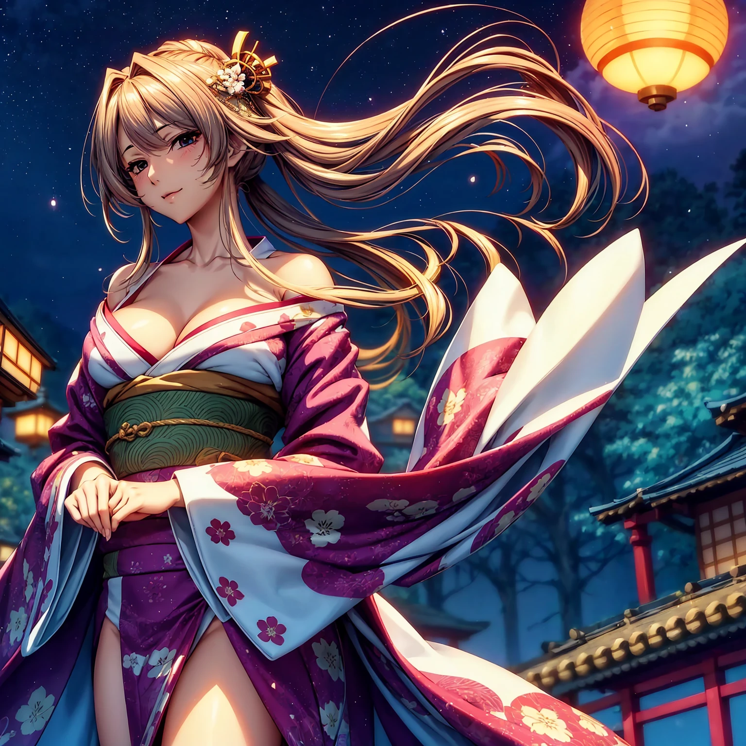 (highest quality、masterpiece、very high resolution、ultra high resolution.High resolution detail 1.5)、(A woman with perfect and ultimate beauty:18-year-old,bright smile,beautiful body、beautiful face)、(There are many variations of hairstyles,Japanese hair,beautiful hair),(Beautiful breasts with a slender body shape:F cup,beautiful hair texture,Beautiful skin texture,Lifelike textures)、((Wearing a Japan kimono:Japanese patterns and colors,Kimono with long obi and large sleeves,Beautiful colors,shoulders are exposed,Wear it down)),(Mt. Momiji,There is waterside,There is a waterfall,Autumn leaves and lanterns,mysterious night sky、beautiful scenery),(The wind is blowing,My hair, obi, and long sleeves flutter due to the wind.,beautiful pose,model shoot),realistic portrait、realistic textured skin、(highly detailed images、accurate image、Perfect Image 1.5)、beautiful anime woman, beautiful art style, anime character、Overall image、accurate anatomy、Image without defects、natural soft light、beautiful images、(best shot,RAW photo)