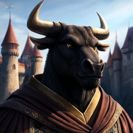 portrait bull wearing brown armored robes, facing viewer, castle background, intricate, photorealistic, highly detailed, 8K, stoic expression, medium-length horns, two-tone fur, amber eyes, black and grey furred body,