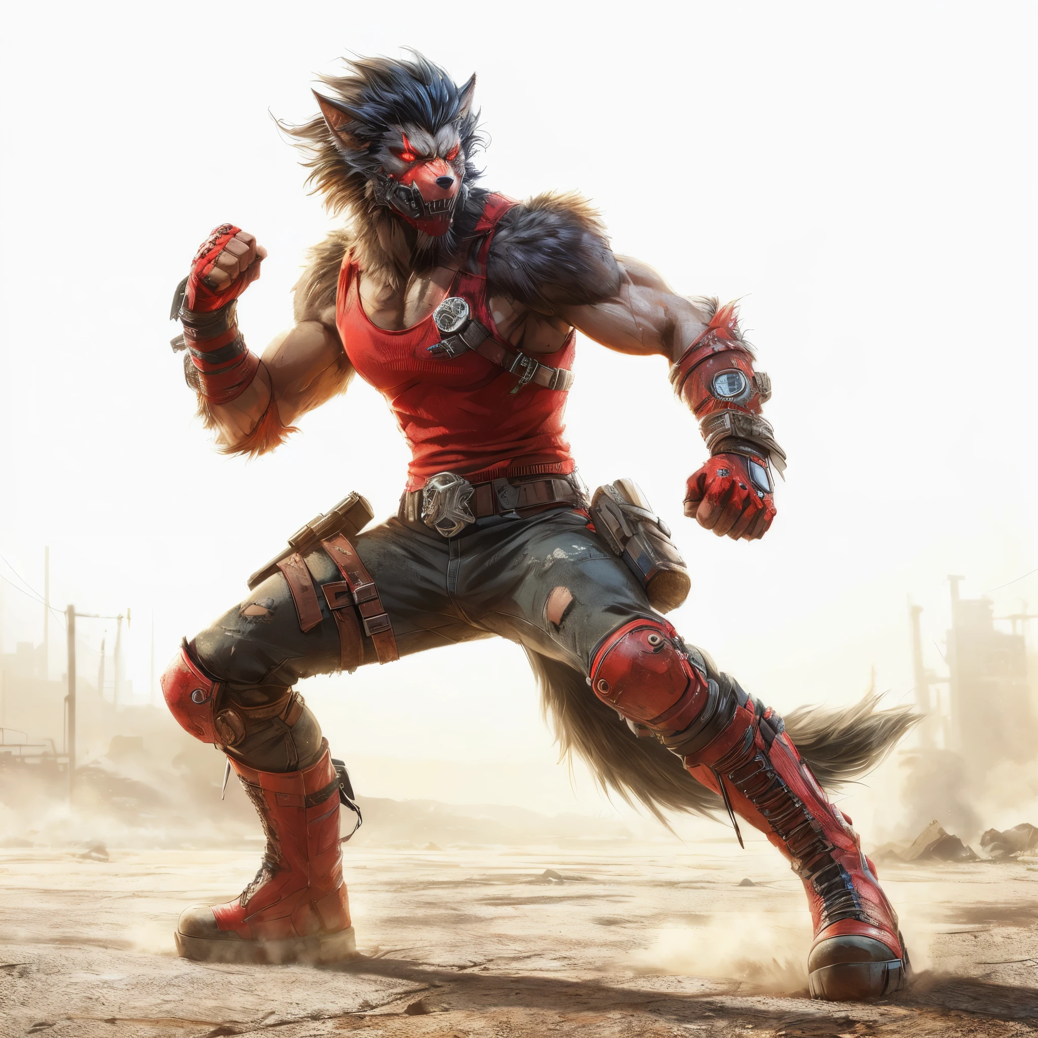 (masutepiece, Best Quality), Ultra-detailed, Solo, cyberpunk werewolf, male fighter, red tank top and knuckle guard, Fighting Pose, wearing fighter boots, Standing in the wasteland, 8K High Resolution, trend artstation, White background, Whole body,