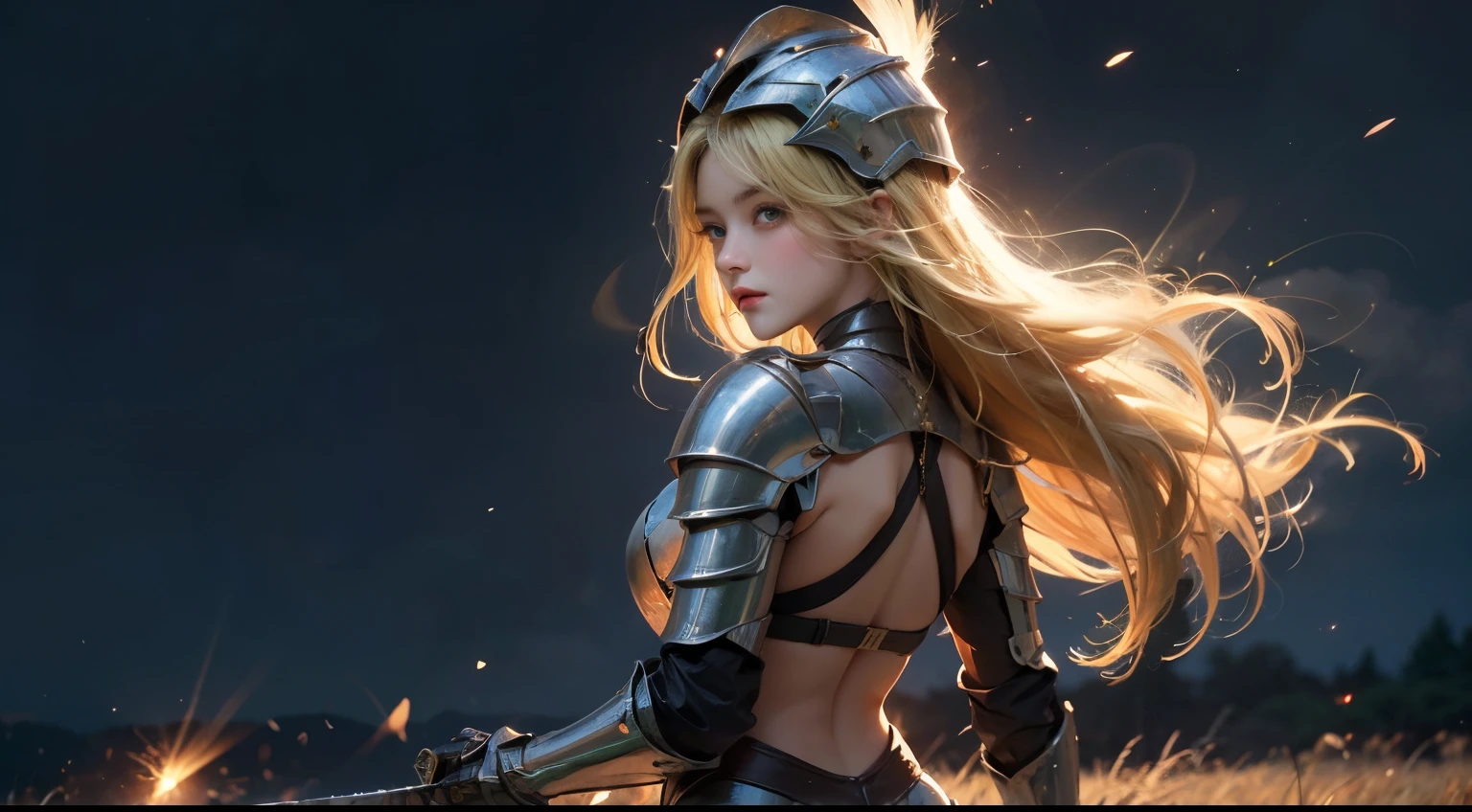 solo girl, knight armor, bare waist, yellow hair, green eyes, knight helmet, blushing, a girl pose holding sword with 1 leg to the back, masterpiece, high quality, charlotte roselei, glowing hair, shiny particle, glow particle:1.2, wind, expanse of grassland