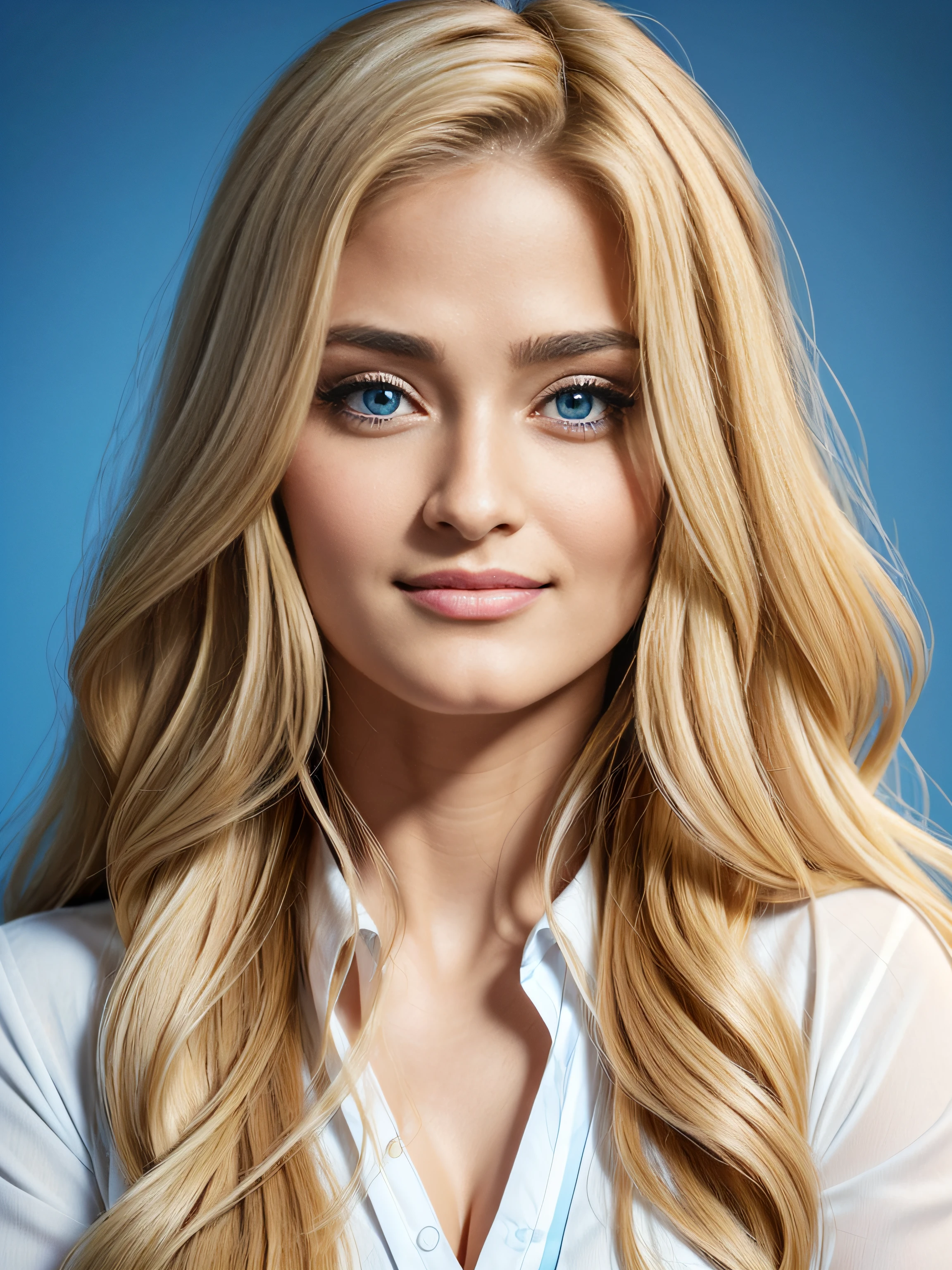 (Masterpiece+realistic), long wavy blonde hair, inspired by Salma Hayek and Aishwarya Rai, gorgeous woman, very beautiful woman, 30 years woman, clean skin, tanned skin, very symmetric face, (very broad face:1.4), big round blue eyes, large blue eyes, (round blue eyes:1.4), (prominent cheekbone:0.8), (broad cheeks:1.3), (chubby cheeks:1.3), (broad jaw:1.6), (broad chin:1.2), very beautiful chin, brown eyebrows, (thin eyebrows:1.2), (full lips:1.4), (closed smiling expression), wearing a pink cardigan sweater, white backdrop, white studio, sitting on a white cube, Francesca Amfitheatrof photoshoot