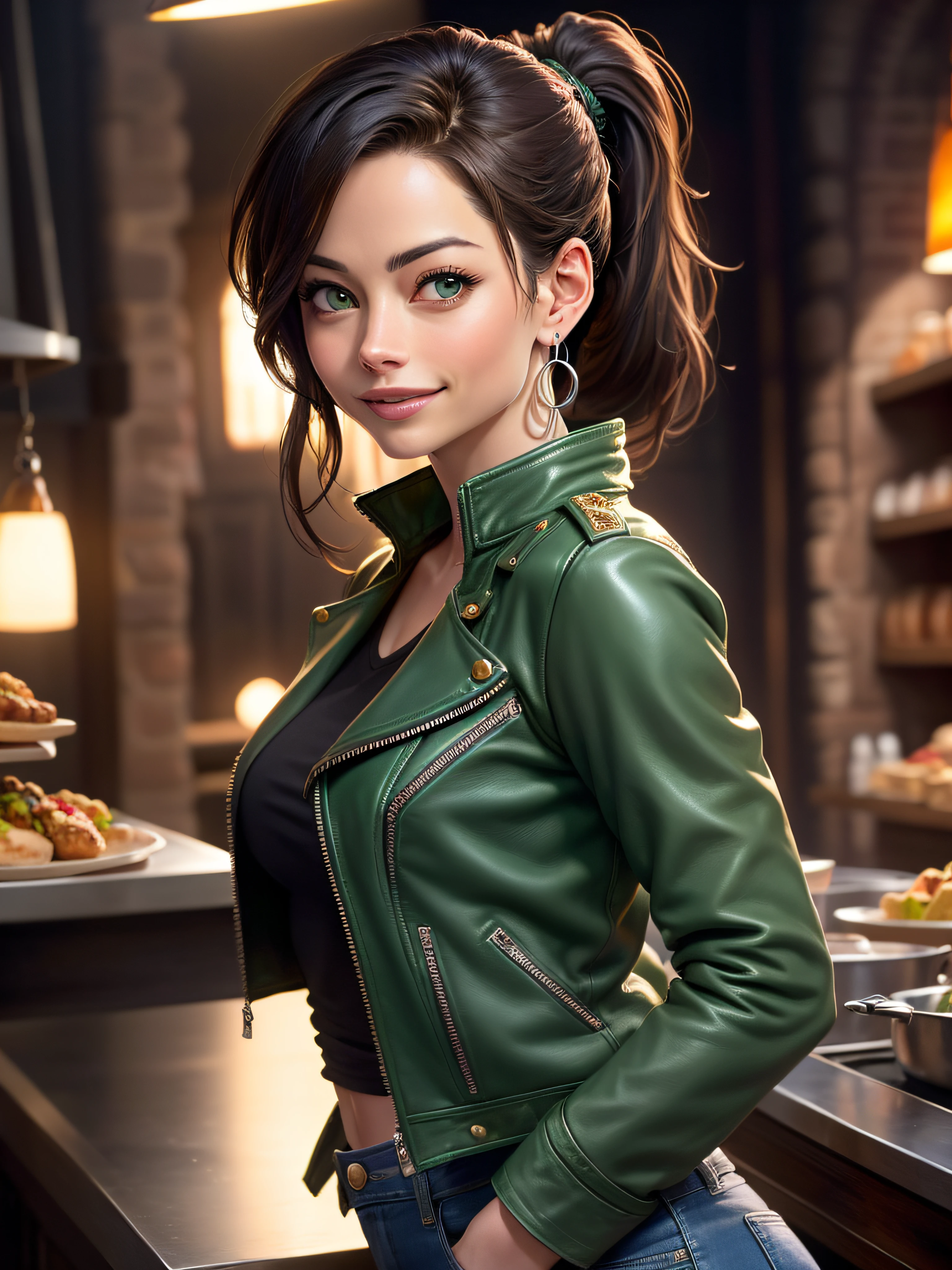 Kristin Kreuk est une brune avec une queue de cheval et des yeux verts vêtue d'une veste en cuir verte et d'un jean.elle visite les plateaux de tournage d'Harry Potter. boucles d'oreilles en argent. Très détaillé. beau. Chef d'oeuvre. éclairage cinématographique. Angle dynamique. Regarde le spectateur en souriant. très sexy.