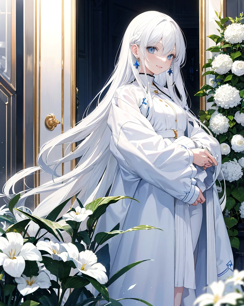 (masterpiece, best quality), white hair, long hair, plant, looking at viewer, blue eyes, white and blue coat, long sleeves, indoors, holding, bangs, coat, solo focus, standing, 1woman, 20 years old, smile, jewelry, earrings, hair between eyes, open clothes