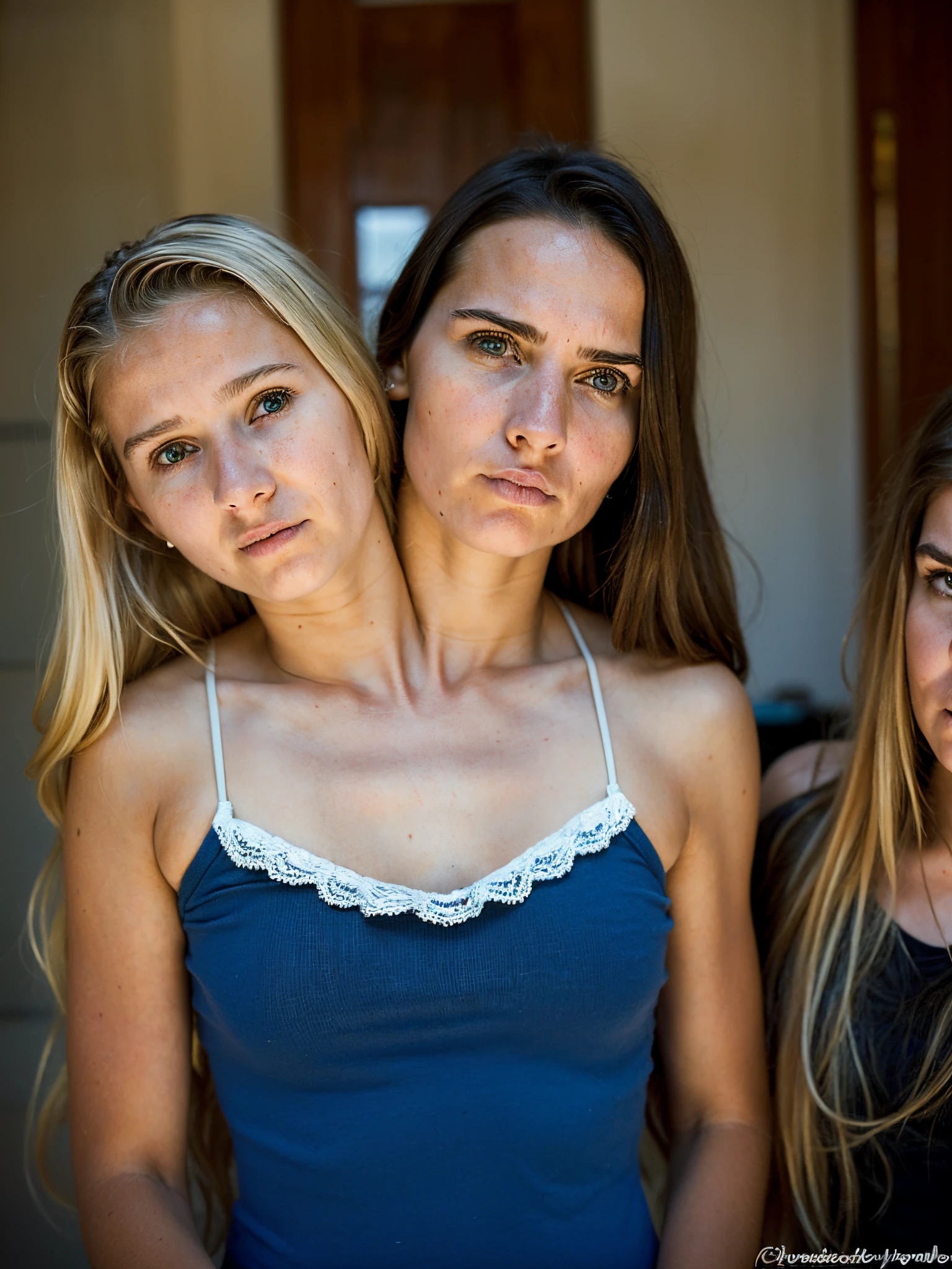 2heads, (two headed girl:1.5), (a 5 year old girl and a 13 year old girl:1.5), (blonde and brunette:1.3), (uncomfortable and upset:1.3)