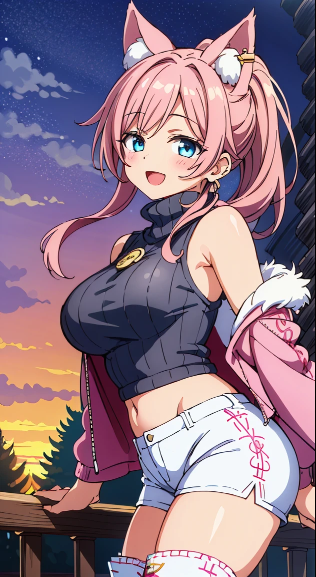 masutepiece,Best Quality,(Cute illustration:1,2),(Absurd realistic structure details),(High resolution complex and detailed text quality),(High-resolution microstructure,High poly 3 boobs D rendering correction),Methods of geometry,Careful explanatory anatomy,
1 beautiful girl, ( girl), Very detailed, colourfull, highest details, BREAK, (Huge breasts: 1. 2,), Clear skin, Beautiful skin, Shy skin, 1 beautiful girl, Brown hair, (Cat ears, Ponytail, medium-Long hair: 1. 2), (Light blue eyes, long eyelashes, Double eyelids: 1. 2),Solo,gleaming skin, Clear skin, Beautiful skin,(best quality face),(Top quality glowing eyes),(The best smile,:D:1.45), BREAK (Pink Theme:1.4), (Gold thread embroidery on hem:1.6) ((caregiver theme:1.4)), BREAK (Pink Theme:1.5), (Oversized pink down jacket with white fluffy fur:1.5), (pink down jacket pull:1.4), (off shoulders:1.4), (pink nylon shine:1.3), BREAK (White theme:1.4), (baggy white thigh-high boots:1.5), (tight latex white shorts:1.3), BREAK (grey theme:1.3), (Sleeveless Knit Gray Turtleneck Sweater:1.4), (no sleeves:1.3), (Emphasized chest:1.2), (knit:1.2), (earrings:1.2),
(red capelet:1.3),
BREAK, 鎖骨,Hair intake, Hand up, Navel, Parted lips, Solo, Stomach,architecture, Blue sky, (autumn forest:1.2), wooden building, Kiyomizu-dera Temple, balconies, Blue sky, crystal clear skies, Blurry background, longshot, Standing, Sunset, Thighs Thighs Thighs\), Twilight,Happy,Laugh,blush,Opened mouth,Closed eyes,Beautiful sunset,Twilight,Backlighting,Waterfall,depth of fields,
BREAK,wakame,wakame,wakame,(Dynamic Angle:1.4),
BREAK,(Blurry background:1.3),(absurderes, hight resolution, Super Detail Art),cel shading,Clear Color, Lonely optical effect, Beautiful pictures, Bright glow, mystic atmosphere,(Close-up of girl:1.1), Mystical light particle effect,manga influence, clean line drawings,
