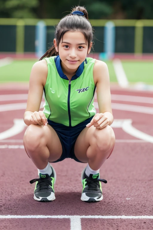 A girl wearing a track and field uniform and squatting down while sweating