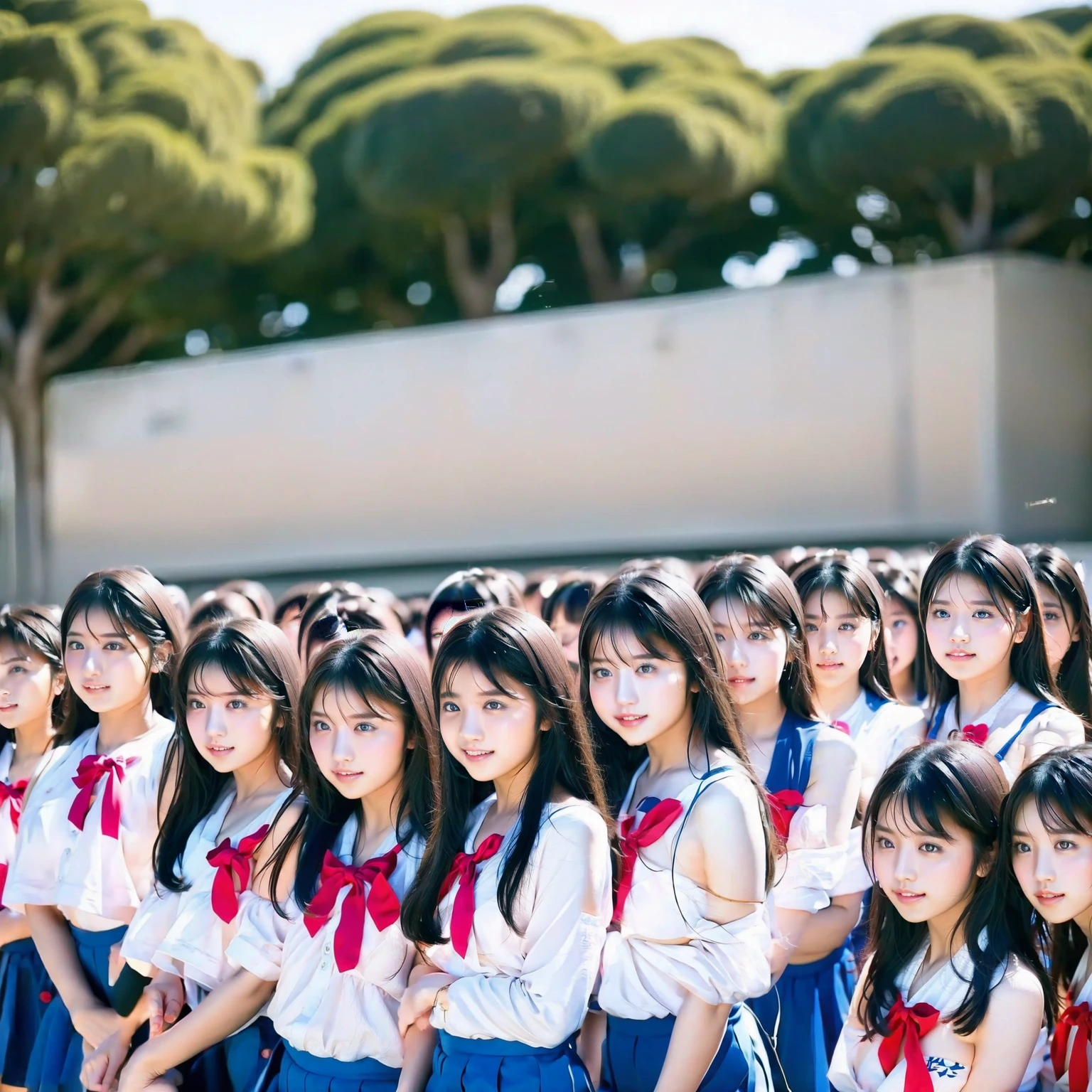 Raw photo、(((multiple girls))),((((6+girls)))),((((100girls)))),(((1000girls)))、((((100 Girls))))、(((crowd shot))),Women only、The same face、matching school uniform、、Long black hair、100 cute girls、a smile、Scene from school、School route、(((Large group)))、a junior high  student