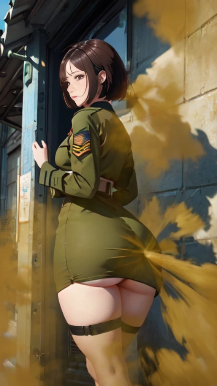 ((velocity)),Attacked by farts, (((Women farting))),(girl farting while stand)),bushing,velocity,(a female soldier), (wearing a military soldiers outfit and dress),(tighhighs),(stand facing the way),(her buttt facing the way) (short hair brown hair),(Asian woman),(military base),(masterpiece:1.2、top-quality)、(the Extremely Detailed CG Unity 8K Wallpapers、ultra-detailliert、Best Shadows),(The best lighting、extremely delicate and beautiful)、depth of fields、