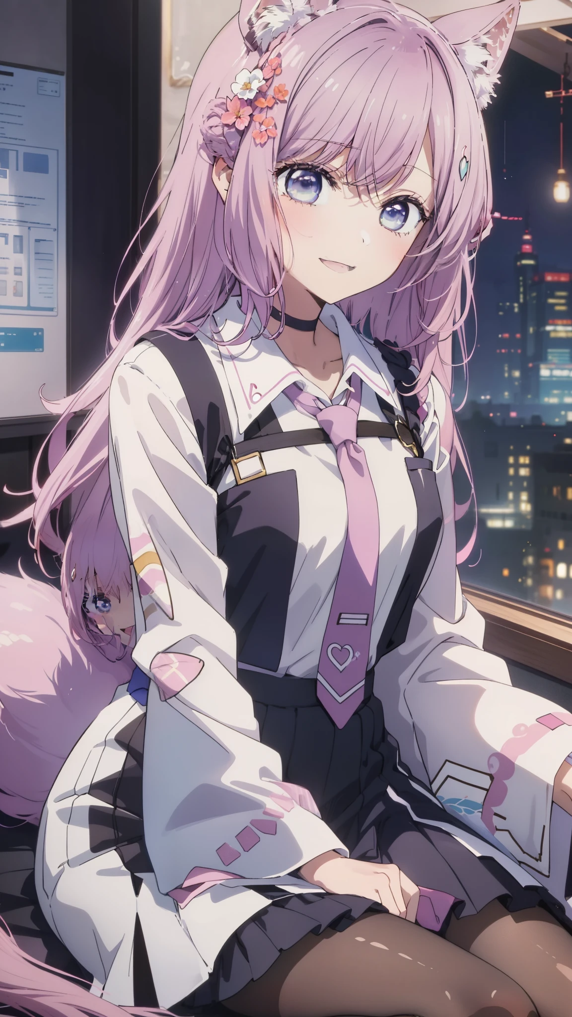 masterpiece,top-quality,Hi-Res,Pink tie,tights,hair adornments,Lilac eyes,Twin-tailed,A smile、Open your mouth、(Hiroi Koyorining#39;s eyes)、(((a closeup)))、research laboratory、Shining eyes、(((anime styled)))、(((2D)))