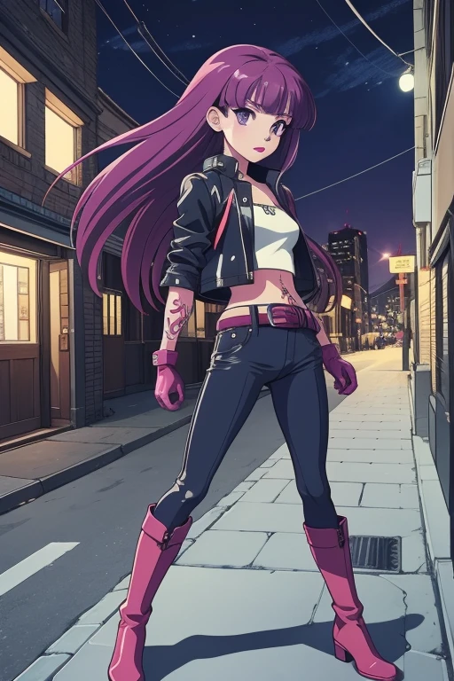 2000s anime cels style, Cartoon style of the 2000s, (flat color:1.2), vivid colors, retro anime, 2000s anime, 2000s anime, early 2000's inspired anime, early 2000's esthetics, 1girl, solo, long purple hair, purple eyes, leather jacket, crop-top, tight leather pants, belt, boots, gloves, tattoos, purple lipstick, outside, city streets, night time, night, looking at viewer, full body portrait