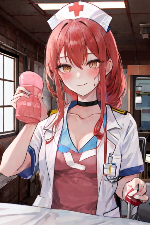 1girl in, Bangs, Holding, hold dina starvation, Nurse, Nurse Cap, blush, breasts, Choker, cleavage, Closed mouth, 鎖骨, frilld, hair between eye, Holding, Small udder, Long hair, Looking at Viewer, Smile, Sweat, Upper body, 
Hospital bed, (Hospital) 
masutepiece, Best Quality,