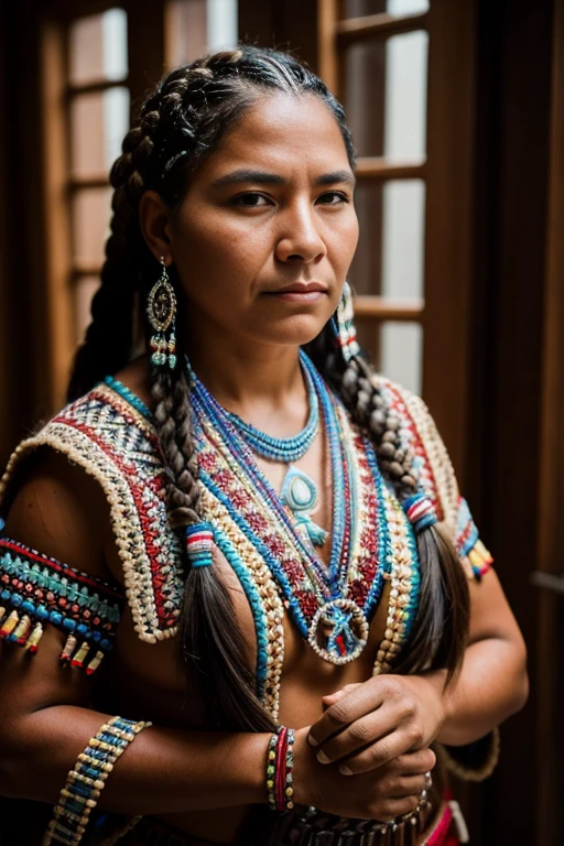 RAW Photo,Portrait the strength and resilience of a Canadiano indigenous woman with her tradicional beadwork and braids,8k,DSLR,UHD,Soft lighting,filmic grain, Fujifilm XT3