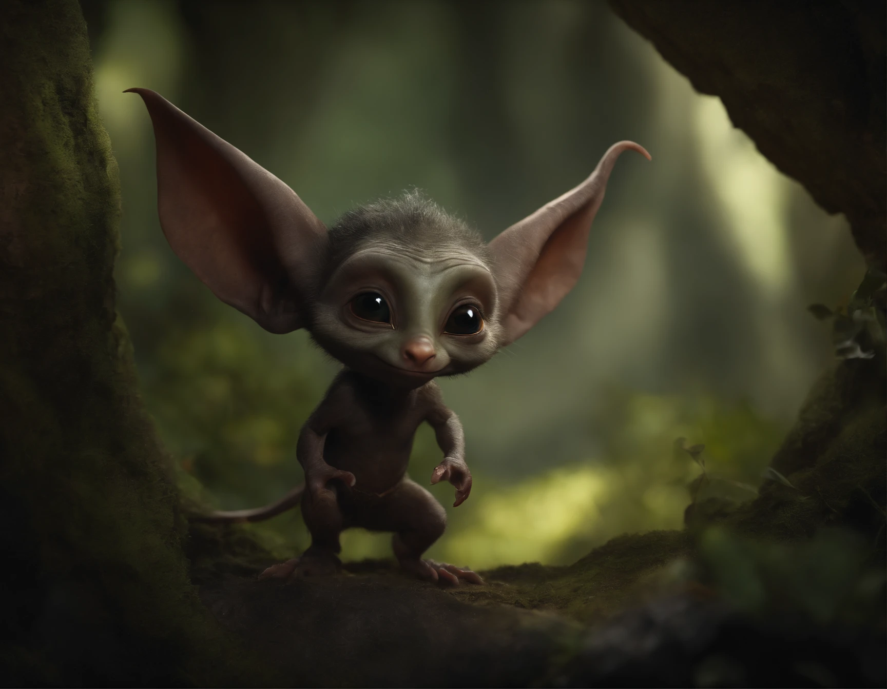 In the cave,Small male goblins, cute mole, large ears, elongated nose,, walks in the woods, dark fantasy style, Fairytale style