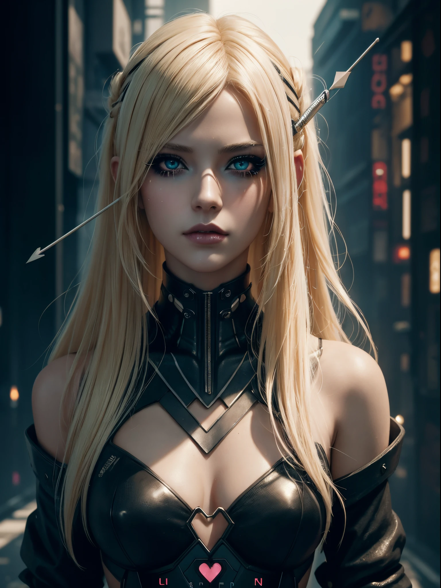 Mulher, sozinha, bonita, cabelo vermelho, olhos verdes, gothic, cyberpunk, yellowish lighting, Complex scenario, melhor qualidade, realista,