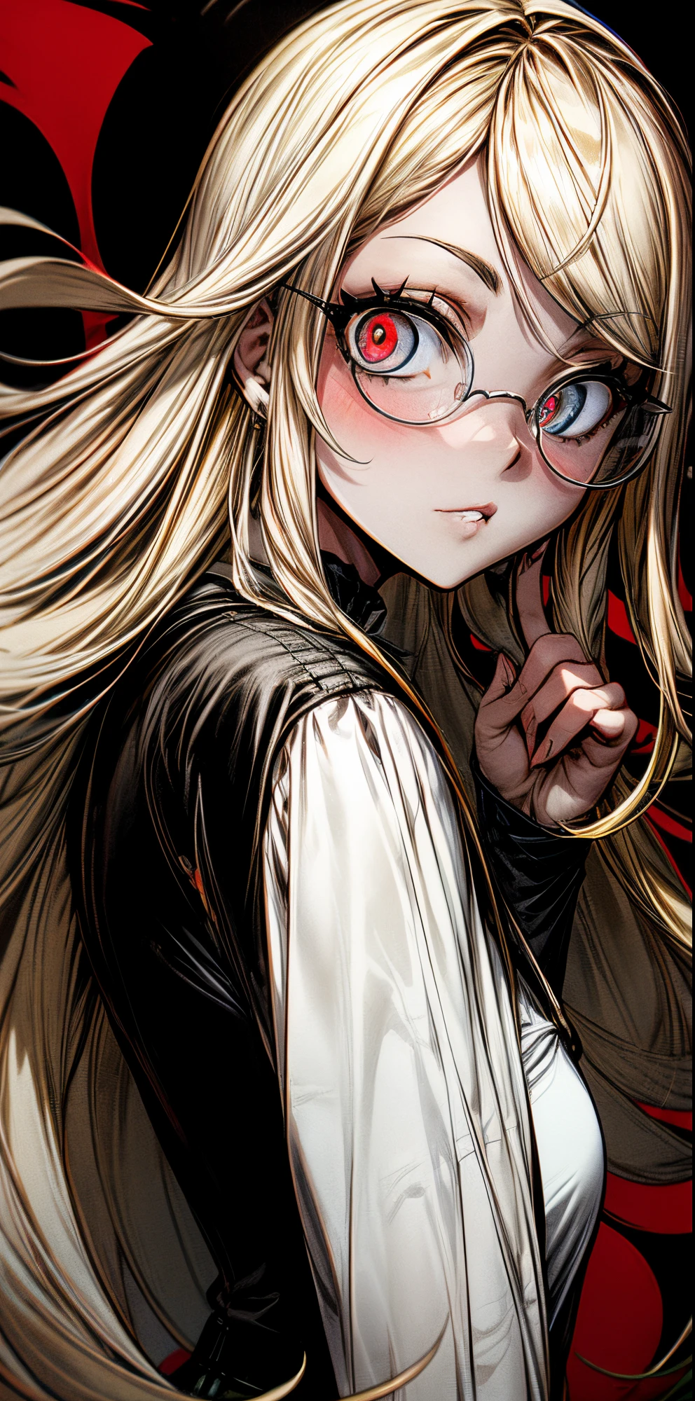 (Obra maestra, una mujer hermosa La mejor calidad),, Closeup, fondo, colores oscuros, highest qualityr, Detalles asombrosos, Arte lineal, 80s anime style, miedo, horror, Teary, ((dientes puntiagudolanco y negro, blonde brunette, camisa negra,ojo heterogromia,con lentes oscuros.