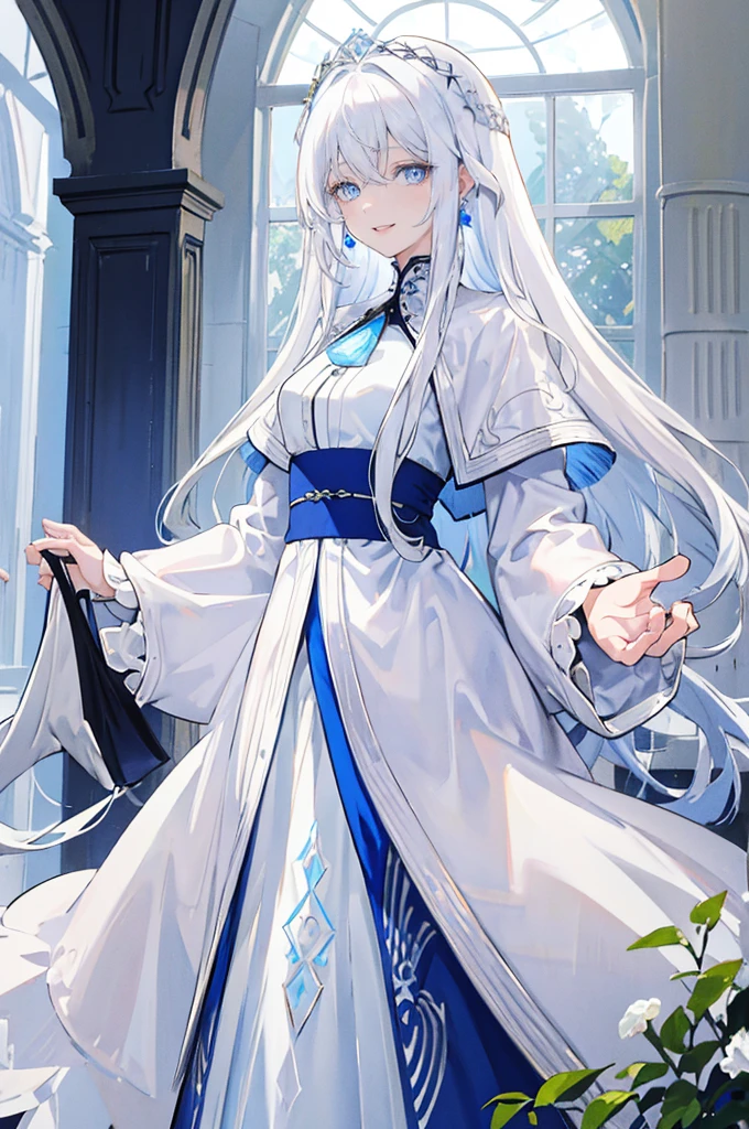 (masterpiece, best quality), white hair, long hair, plant, looking at viewer, blue eyes, white and blue coat, long sleeves, indoors, holding, bangs, coat, solo focus, standing, 1woman, 20 years old, smile, jewelry, earrings, hair between eyes, open clothes