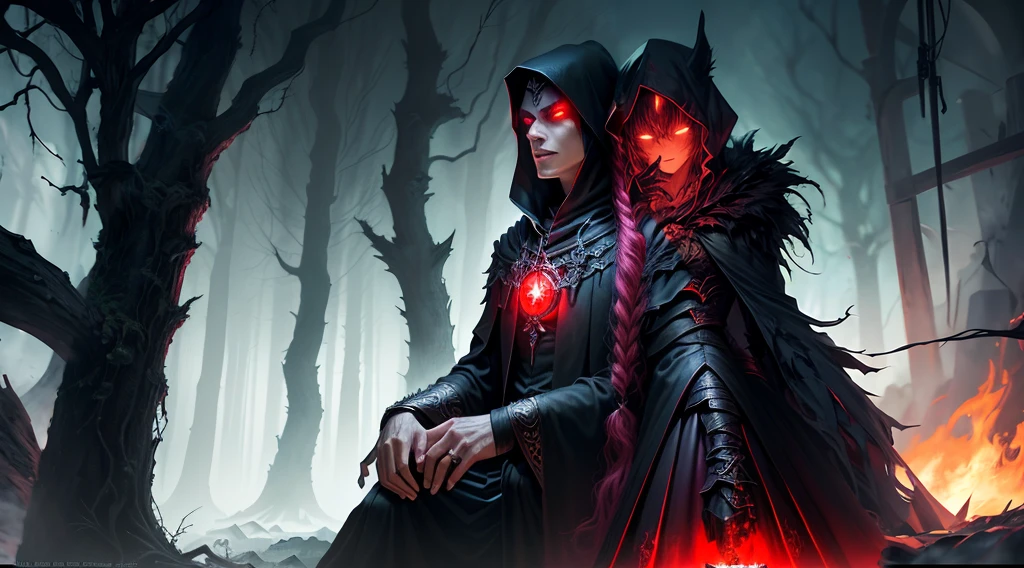 demonic man and woman in a dark forest with a red glowing eye, couple , dark fantasy style art, dark hooded wraith, epic fantasy digital art style, epic fantasy art style, epic fantasy style art, dark sorceress and dark lord , dark fantasy artwork, epic fantasy art style hd, dark sorceress full view, abaddon and magali villeneuve, evil sorceress and lord