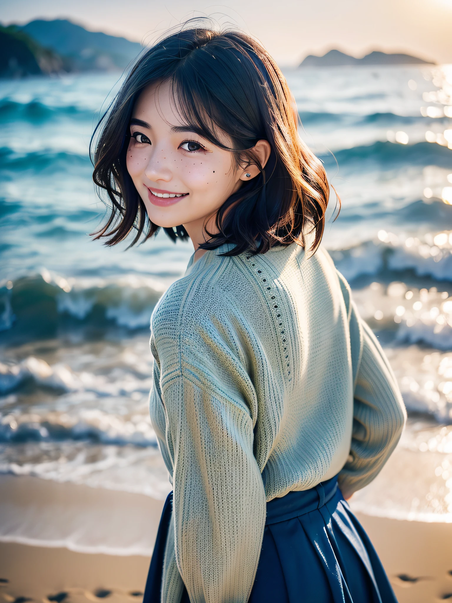 ​masterpiece, Best Quality, Ultra-detailed, film photography, Extremely delicate and beautiful ,hight resolution, 1 girl in, 25-years old, Beautiful girl in Japan, sand beach、the beach、girl having fun on the beach、dynamic compositions、((Look away)), japanes, the whole, Peacoat, Blue sweater, Long flared skirt,great joy、A smile, ((Plump lips),(have a little freckles、Natural Skin), (Wavy Hair),(Short hair), (Back lighting),((I have one small mole under my eye)), (Detailed eyes),(detailed facial features), (detailed arms),(Detailed fingers),(Detailed feet),eyes focus,softfocus