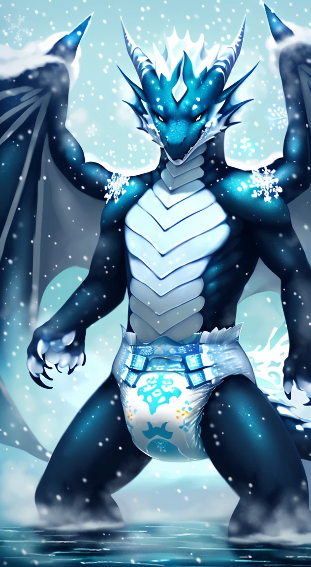((drawn by wadorigi on Twitter)(realistic dragon with wings and hornipedal, male proportions, wearing pampers disposable soggy diaper with blue snowflake shaped symbol, throwing mist from claws, Kung fu pose, surrounded by mist, surrounded by snowflakes, blizzard, in cruise, ocean