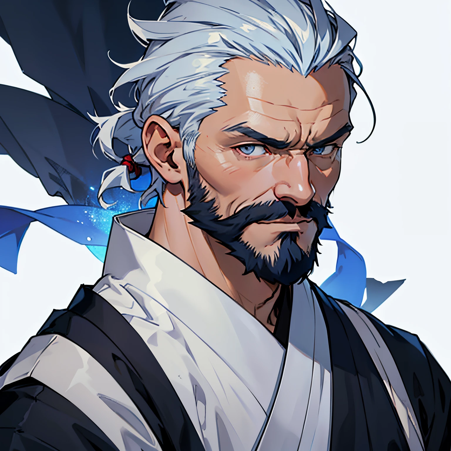 anime image of an old man with dark blue hair and silver eyes, balding, dark blue beard, 1man, solo man, male anime character, head shot, close up shot, white background, ninja clothing, traditional japanese clothing, dark clothing