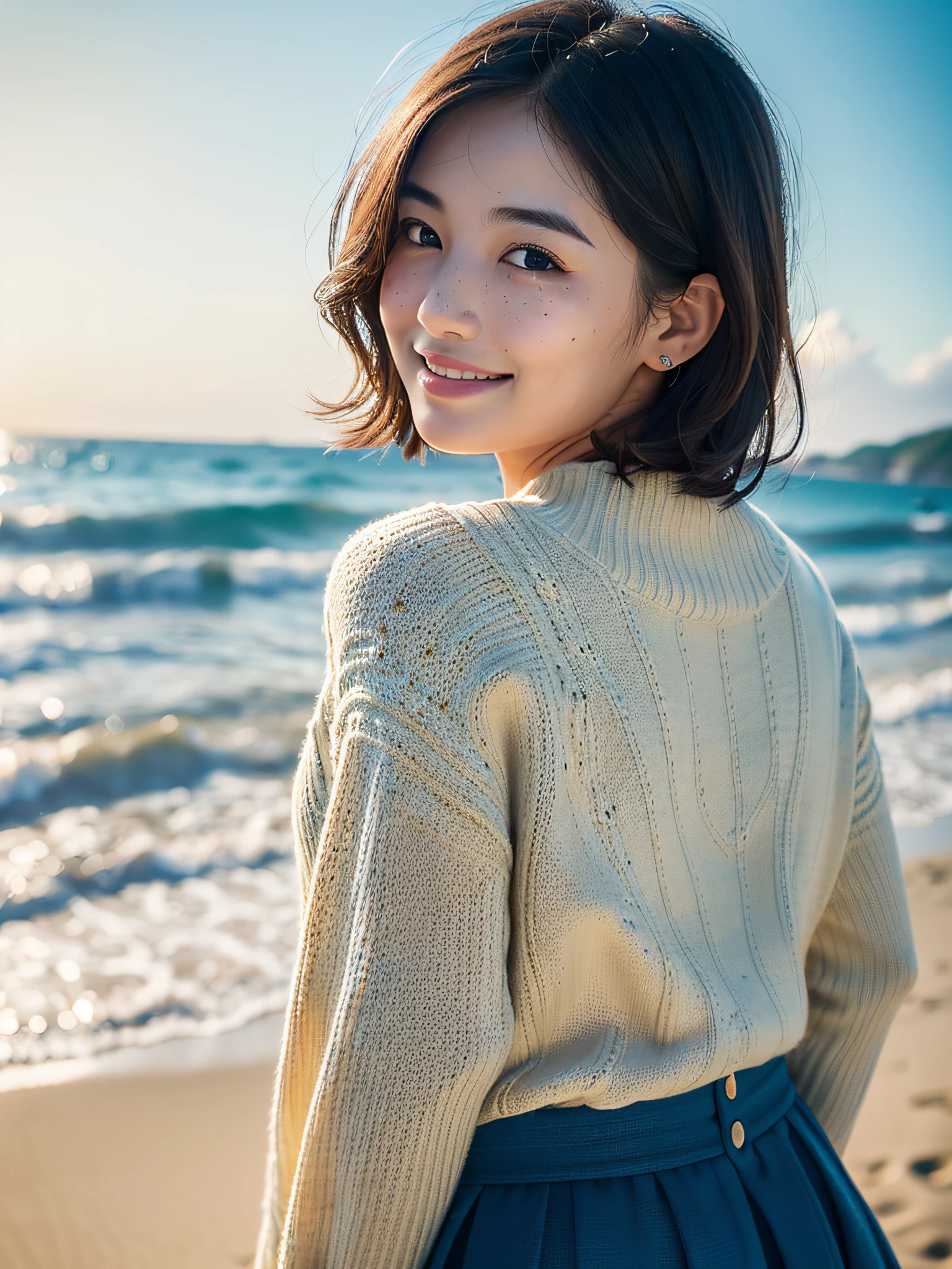 masterpiece, Best Quality, Ultra-detailed, film photography, Extremely delicate and beautiful ,hight resolution, 1 girl in, 25-years old, Beautiful girl in Japan, sand beach、the beach、girl having fun on the beach、dynamic compositions、((Look away)), japanes, the whole, Peacoat, Blue sweater, Long flared skirt,great joy、A smile, ((Plump lips),(have a little freckles、Natural Skin), (Wavy Hair),(Short hair), (Back lighting),((I have one small mole under my eye)), (Detailed eyes),(detailed facial features), (detailed arms),(Detailed fingers),(Detailed feet),eyes focus,softfocus